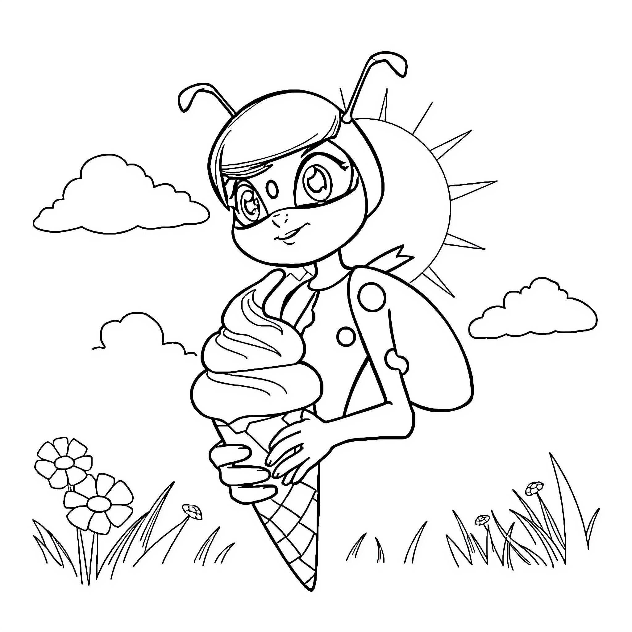 Ladybug enjoying a tasty treat in the sunshine Coloring Page (free black-and-white line drawing printable PDF for all, from beginners to advanced learners, including children, teens, adults, and seniors)
