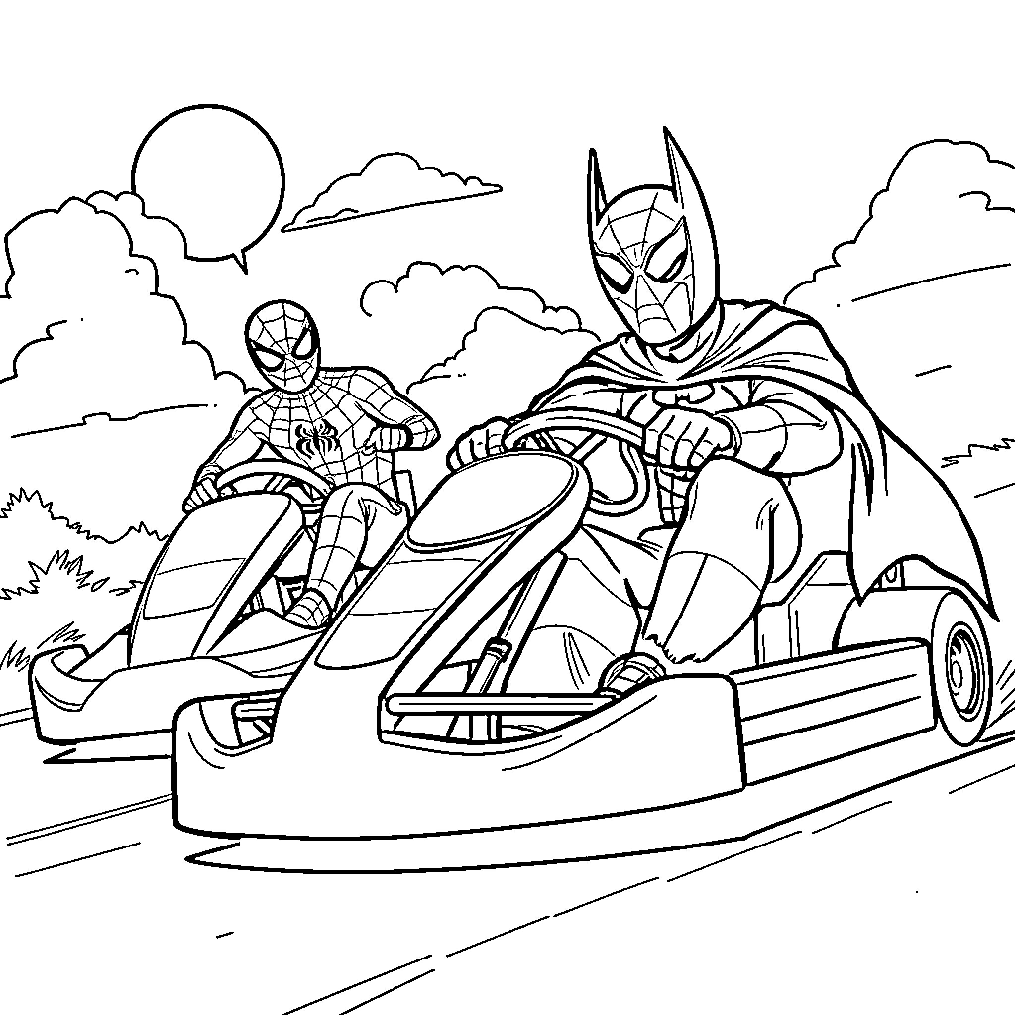 Spiderman and Batman racing in hovercrafts Coloring Page (free black-and-white line drawing printable PDF for all, from beginners to advanced learners, including children, teens, adults, and seniors)