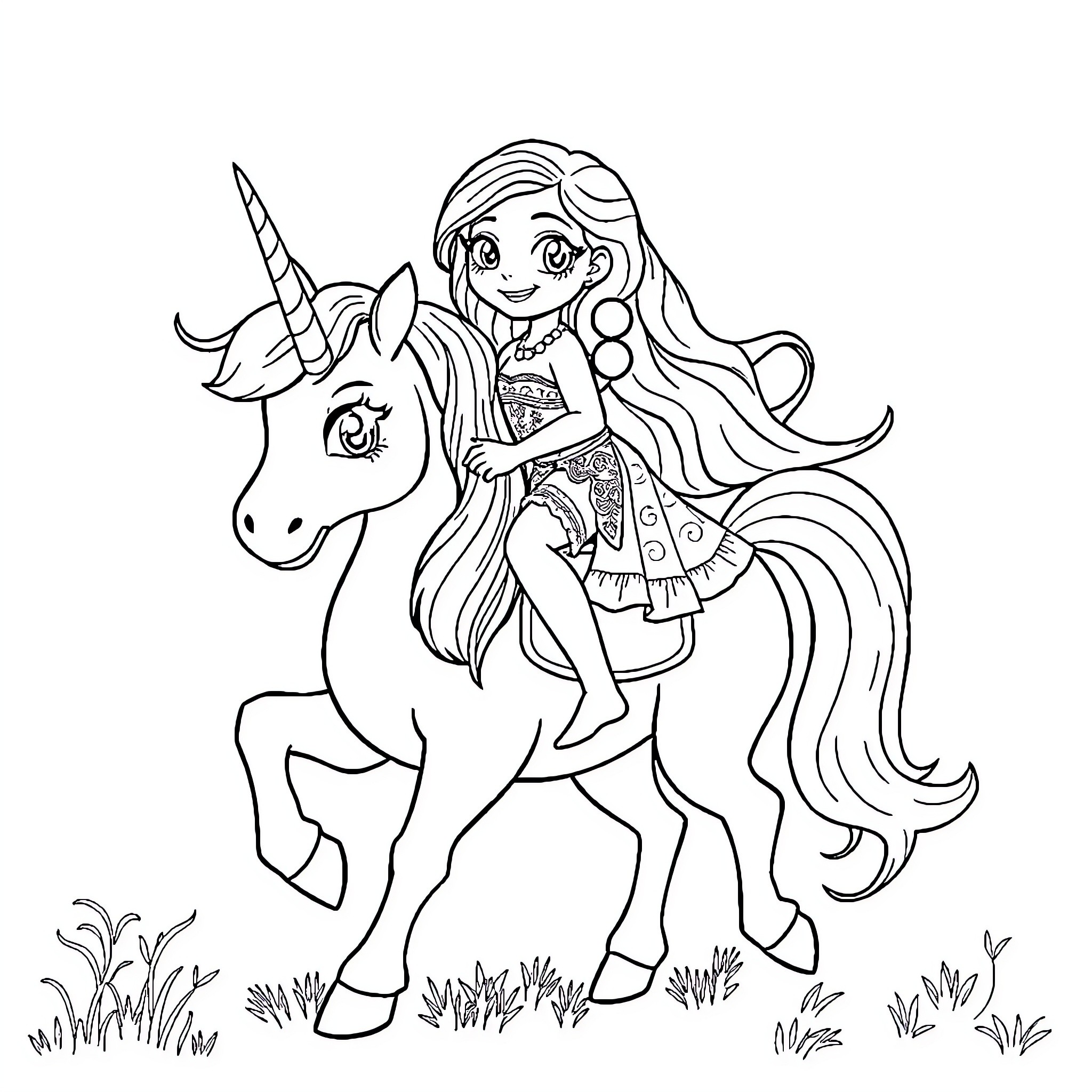 Unicorn Rider in a Magical Forest Adventure Coloring Page (free black-and-white line drawing printable PDF for all, from beginners to advanced learners, including children, teens, adults, and seniors)