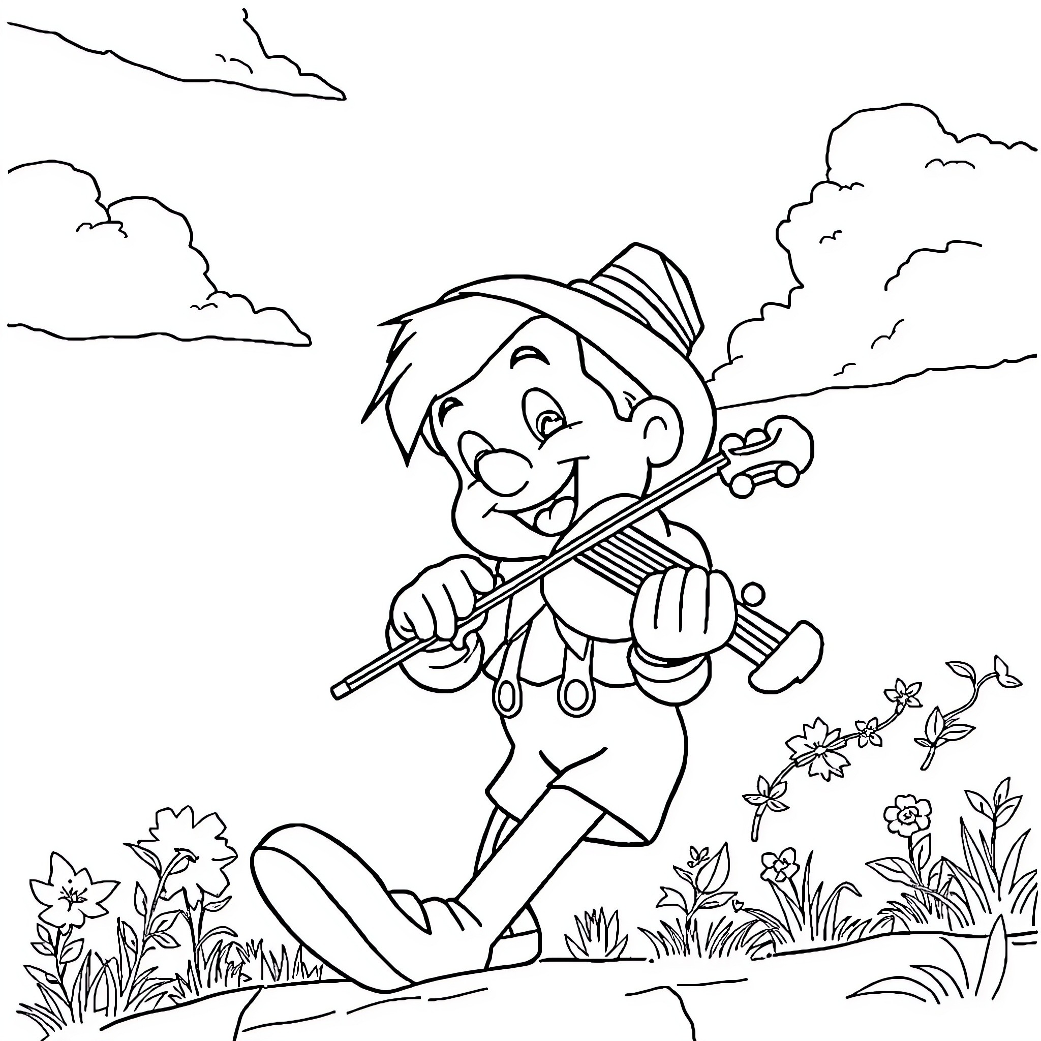 Pinocchio enjoying a woodland adventure Coloring Page (free black-and-white line drawing printable PDF for all, from beginners to advanced learners, including children, teens, adults, and seniors)