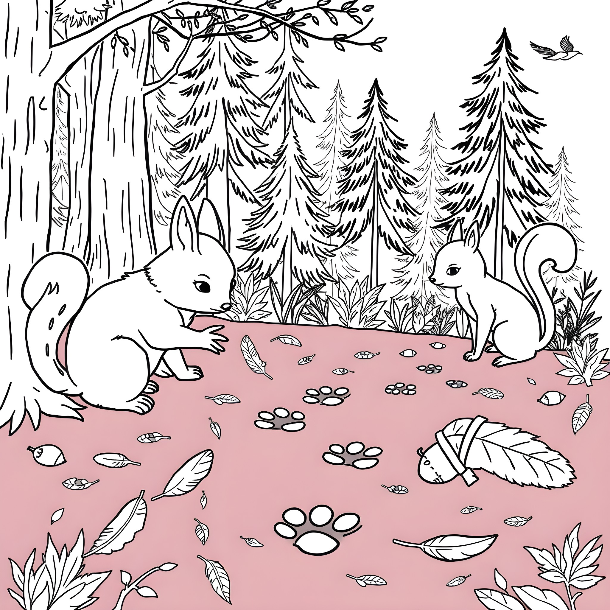 Animal Friends in the Enchanted Forest Coloring Page (free black-and-white line drawing printable PDF for all, from beginners to advanced learners, including children, teens, adults, and seniors)