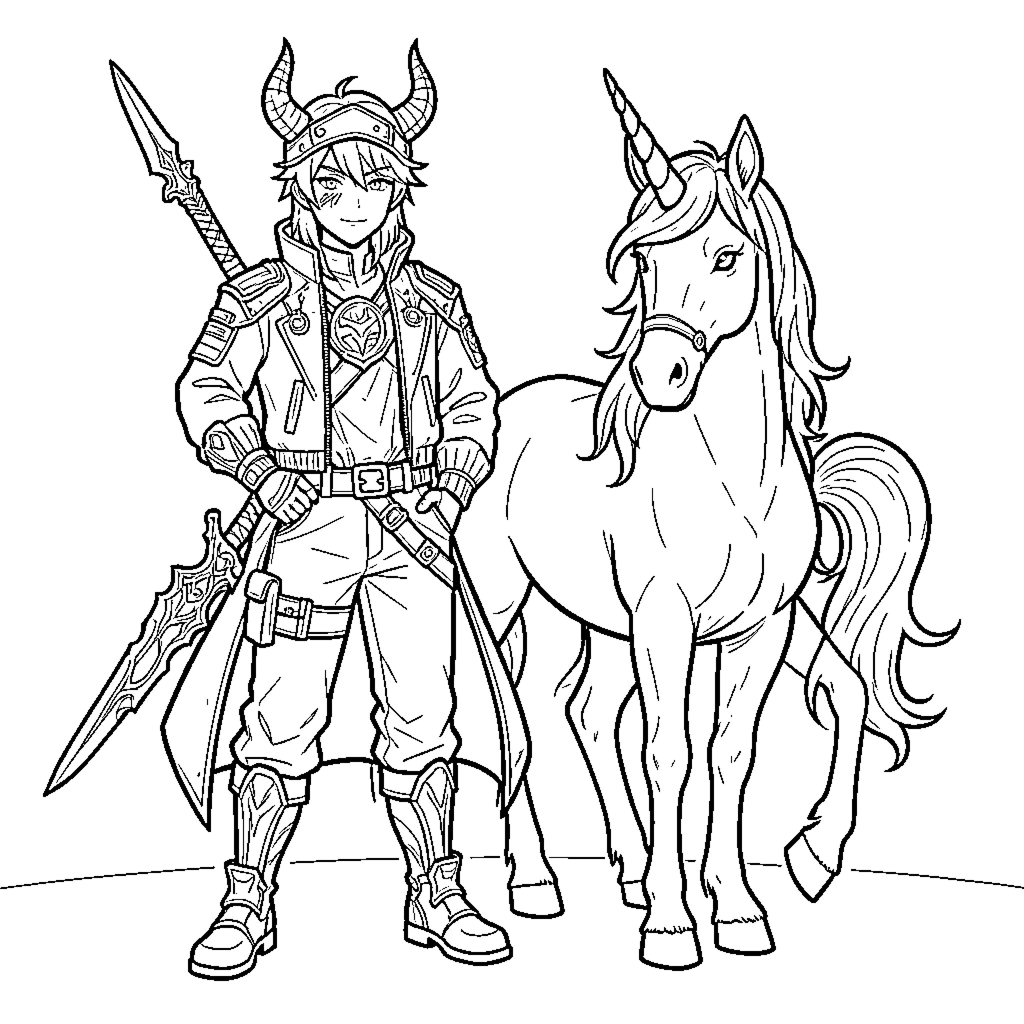 Kpop Demon Hunter standing proudly with a unicorn Coloring Page (free black-and-white line drawing printable PDF for all, from beginners to advanced learners, including children, teens, adults, and seniors)