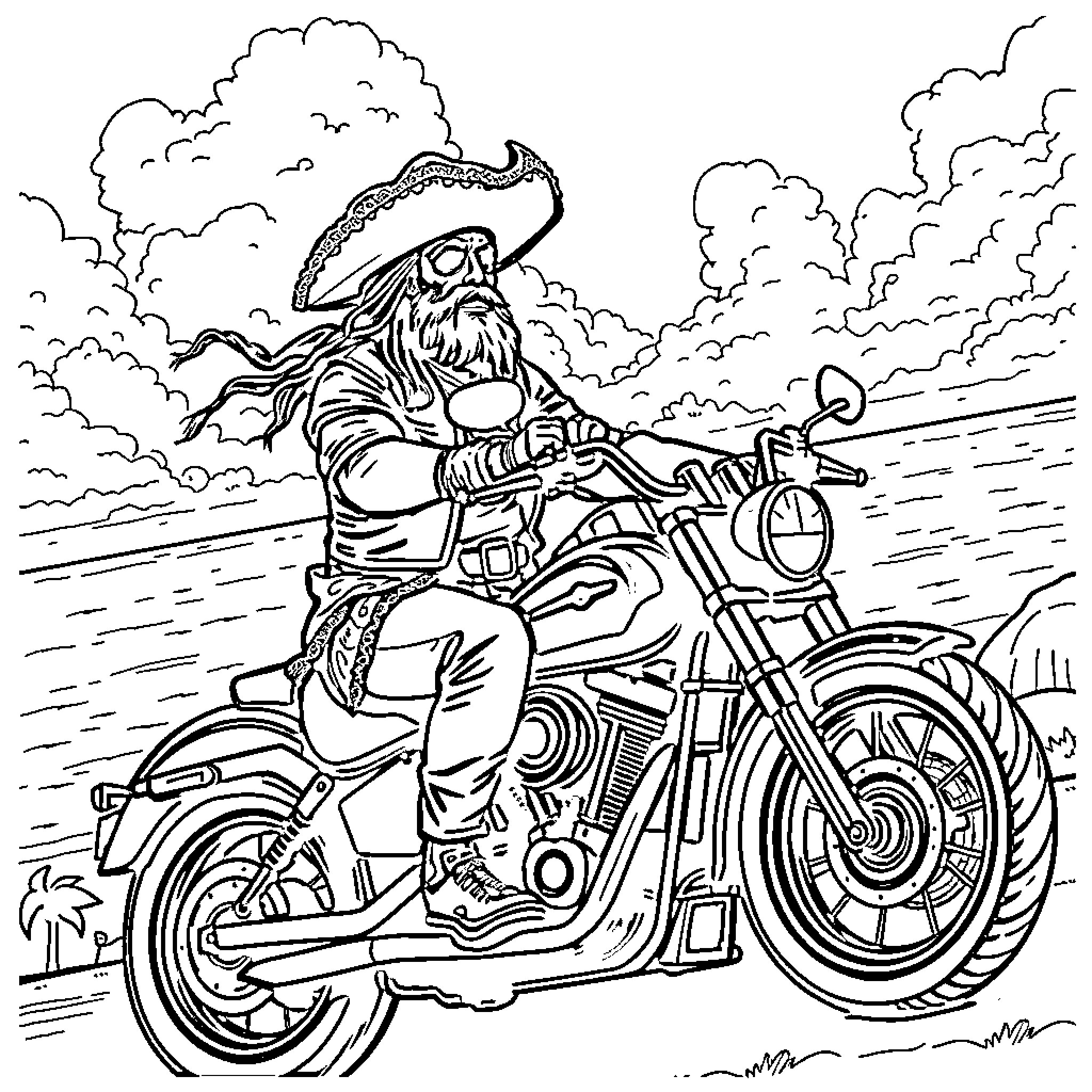 Kraken Pirate Riding a Motorcycle on the Open Road Coloring Page (free black-and-white line drawing printable PDF for all, from beginners to advanced learners, including children, teens, adults, and seniors)