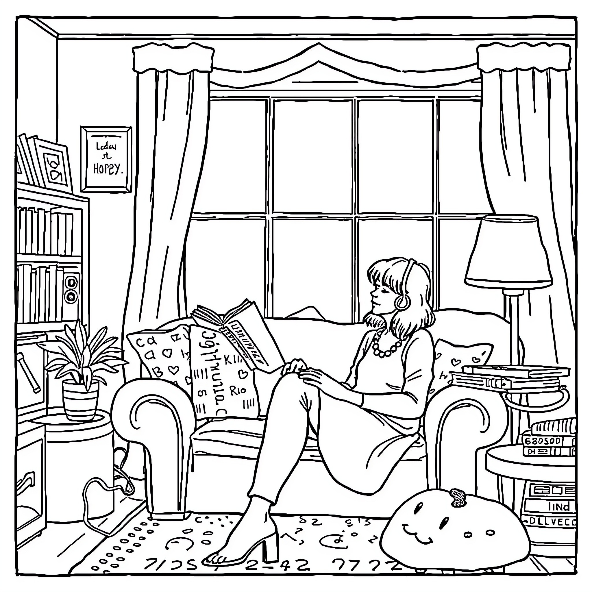 Patti Lupone relaxing and reading books in cozy room Coloring Page (free black-and-white line drawing printable PDF for all, from beginners to advanced learners, including children, teens, adults, and seniors)