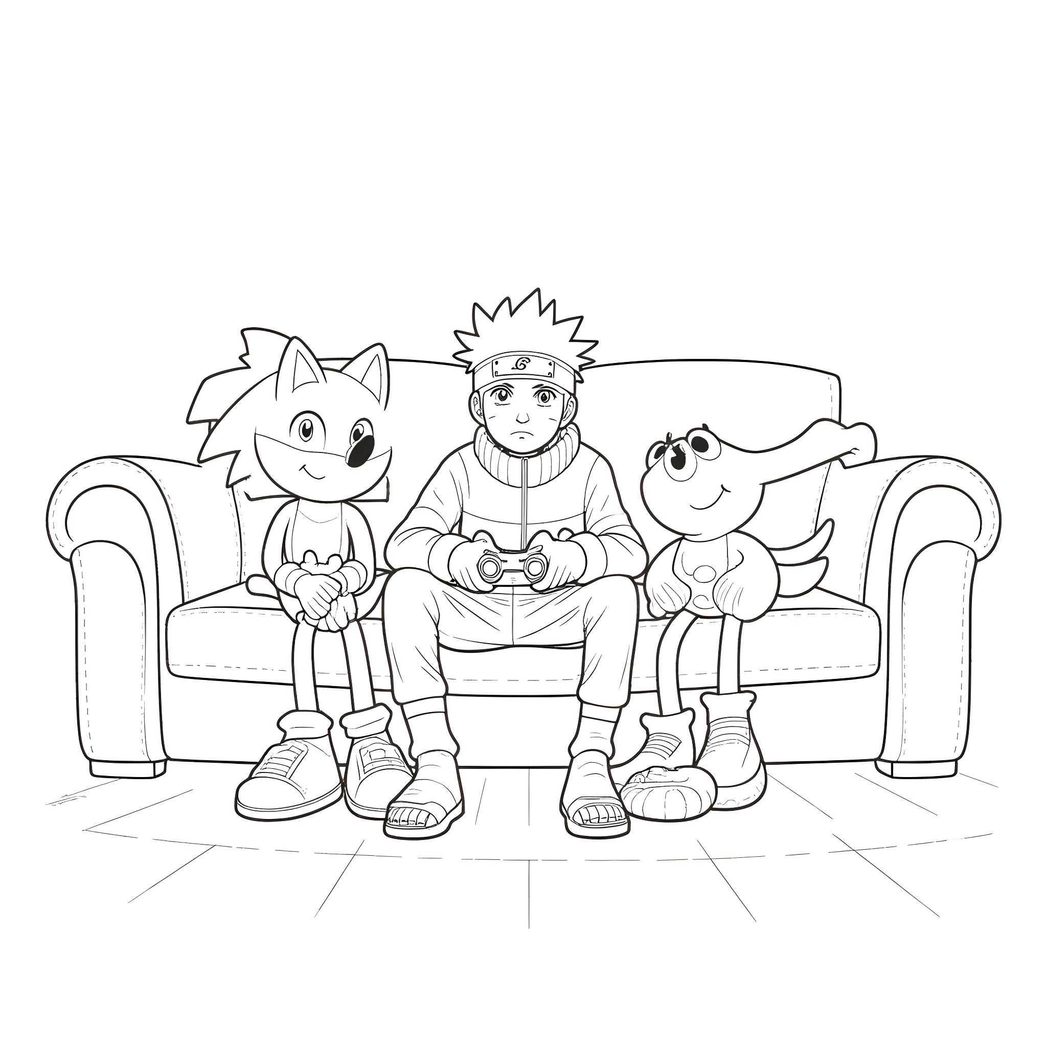 Naruto and friends enjoying a video game on the couch Coloring Page (free black-and-white line drawing printable PDF for all, from beginners to advanced learners, including children, teens, adults, and seniors)