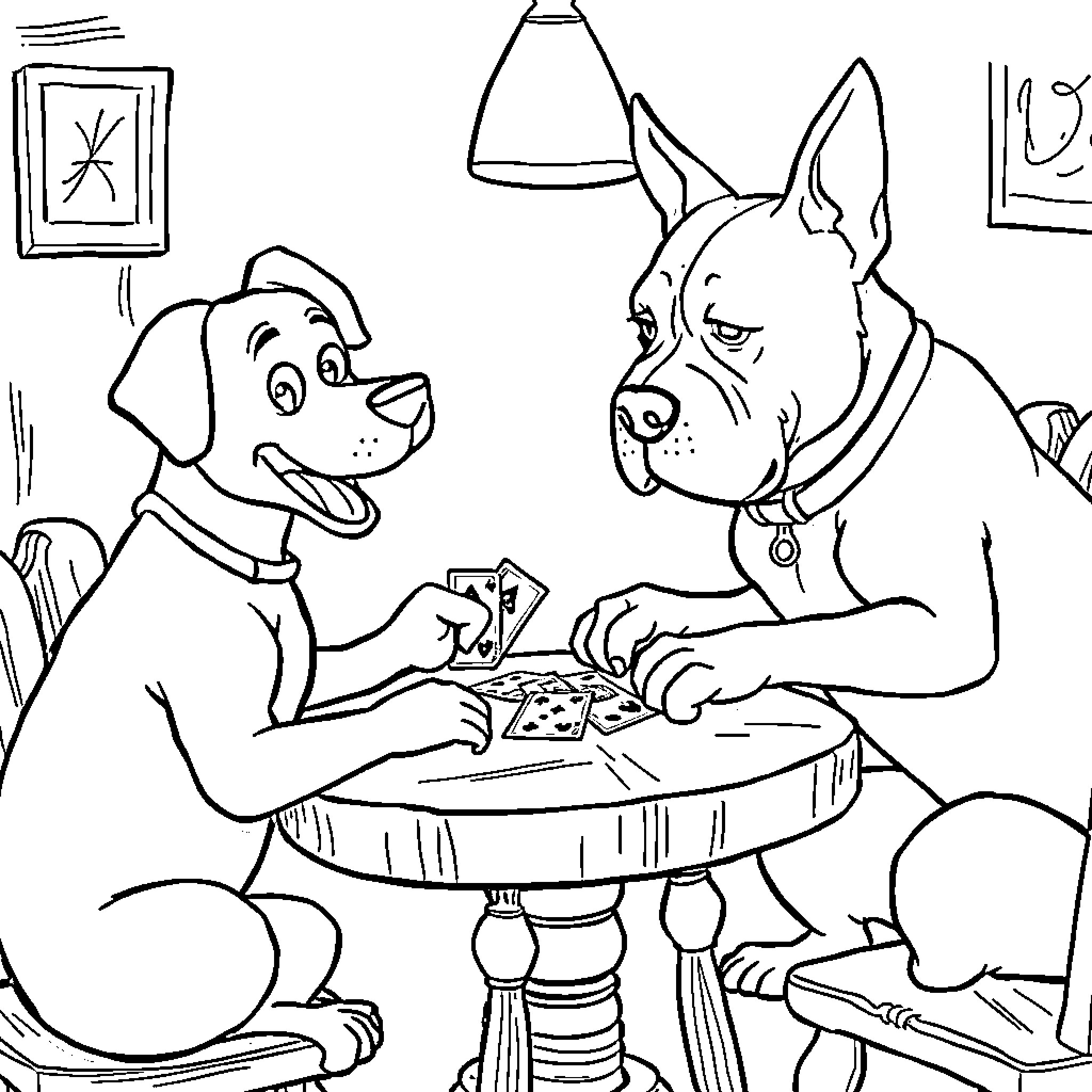 Dogs Playing Card Game Together Coloring Page (free black-and-white line drawing printable PDF for all, from beginners to advanced learners, including children, teens, adults, and seniors)