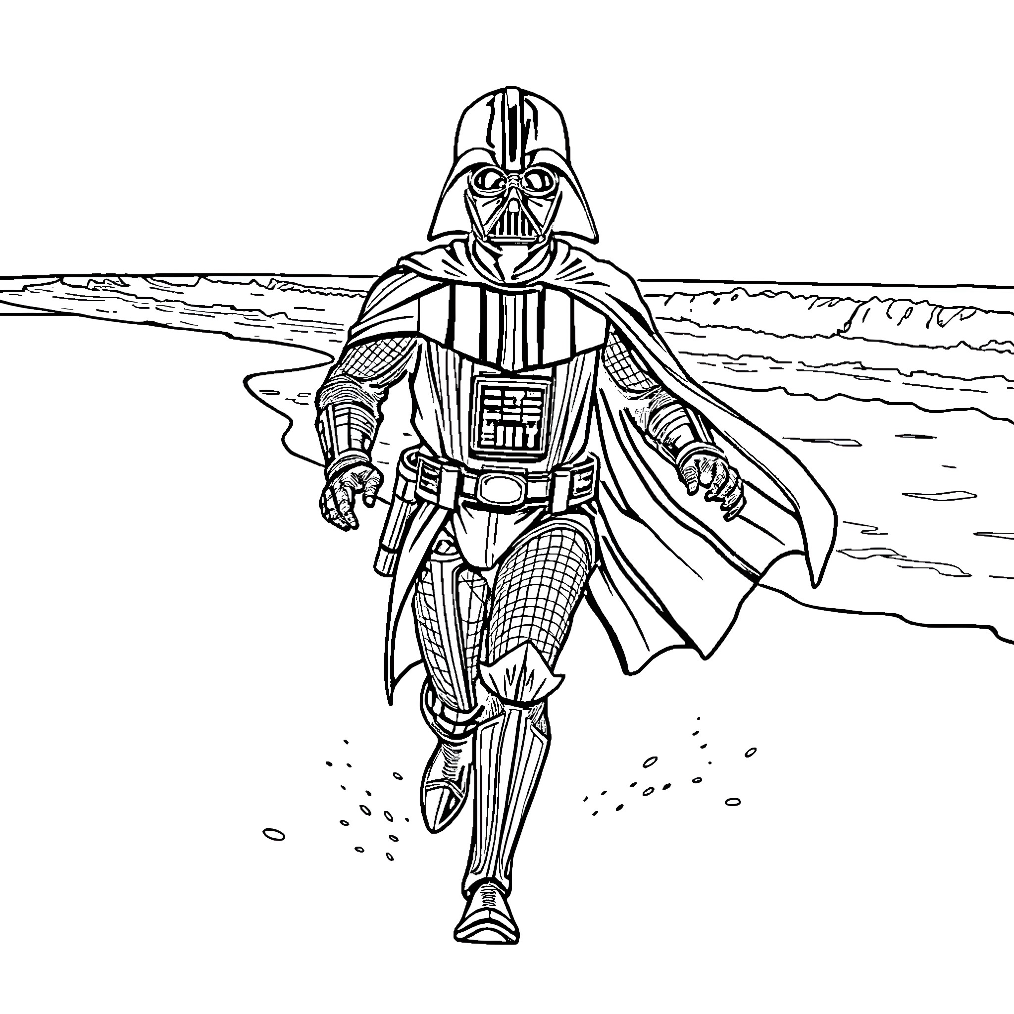 Darth Vader marching across the desert landscape Coloring Page (free black-and-white line drawing printable PDF for all, from beginners to advanced learners, including children, teens, adults, and seniors)