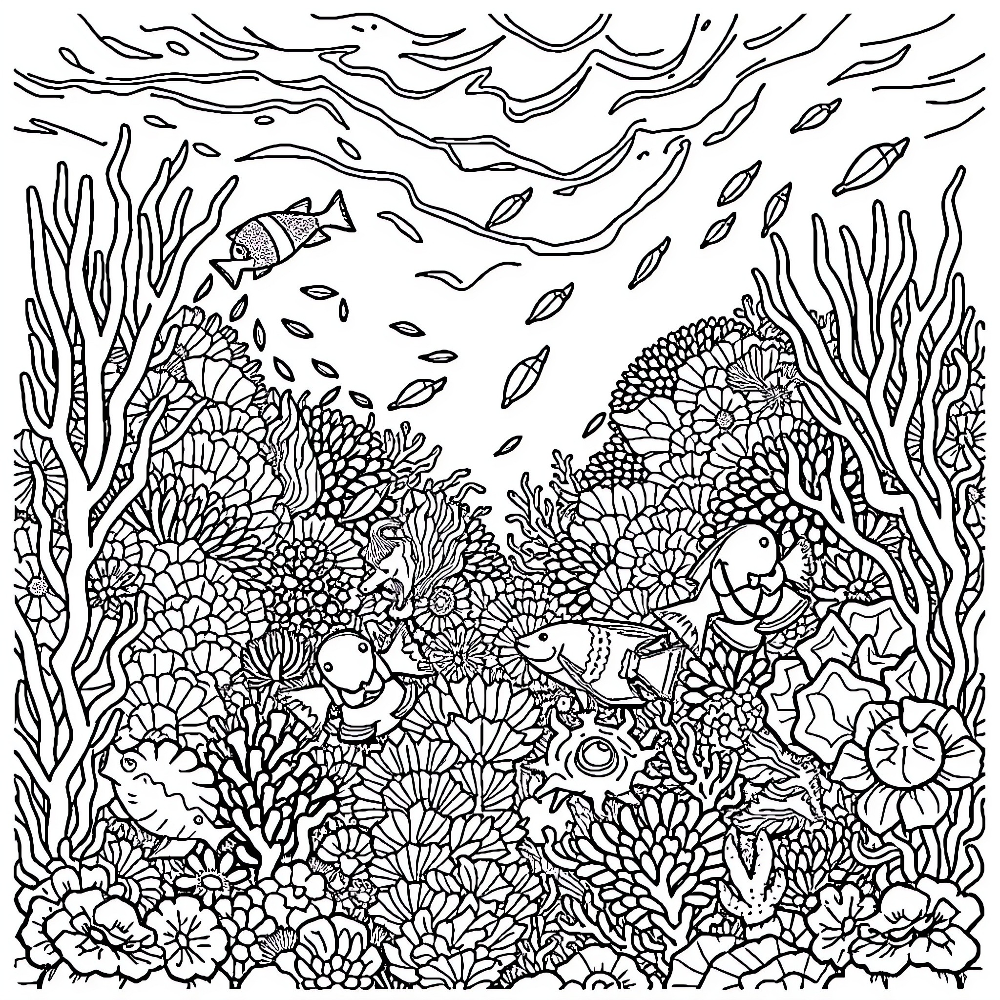 Coral reef scene with vibrant marine life Coloring Page (free black-and-white line drawing printable PDF for all, from beginners to advanced learners, including children, teens, adults, and seniors)