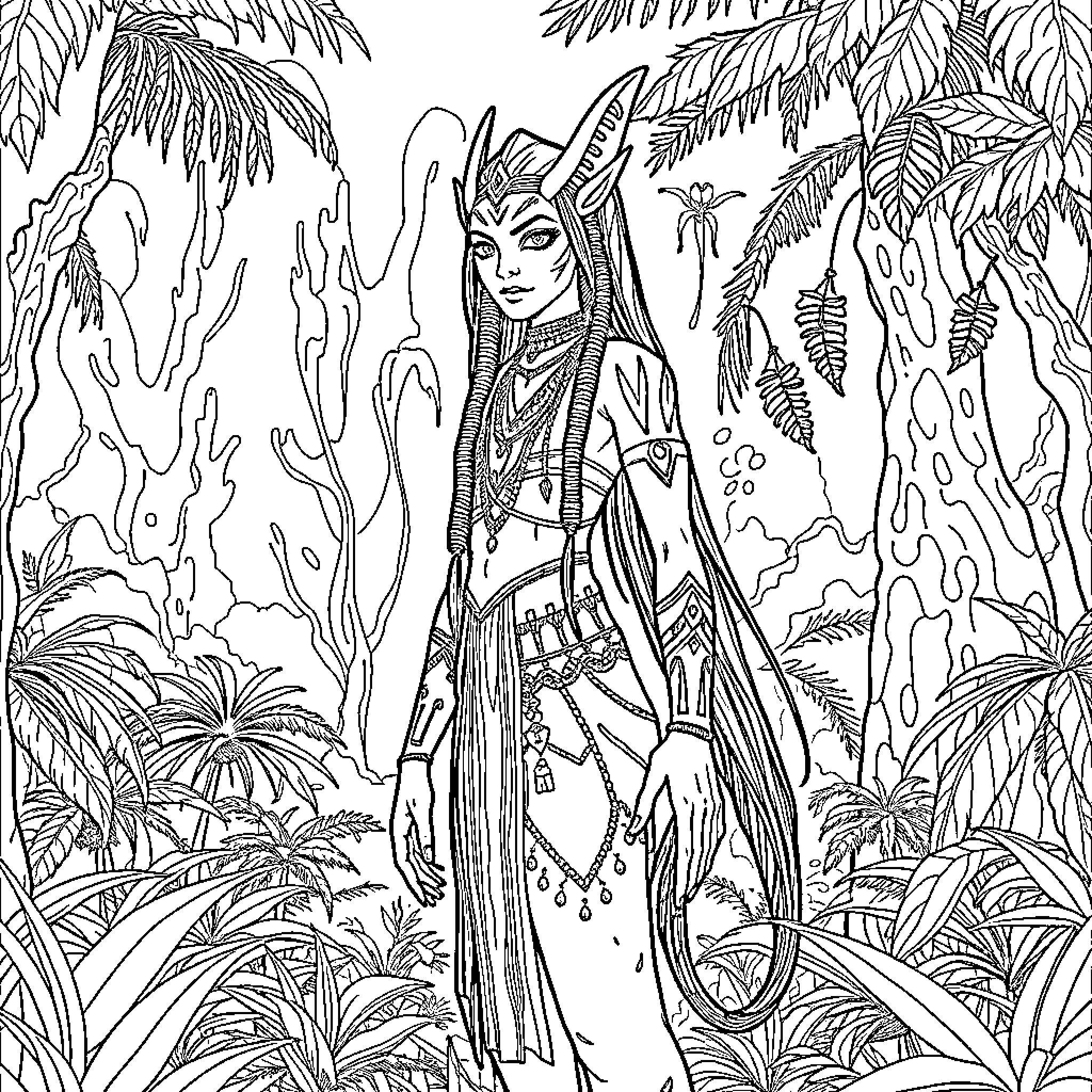 Neytiri in the Enchanting Jungle Realm Coloring Page (free black-and-white line drawing printable PDF for all, from beginners to advanced learners, including children, teens, adults, and seniors)