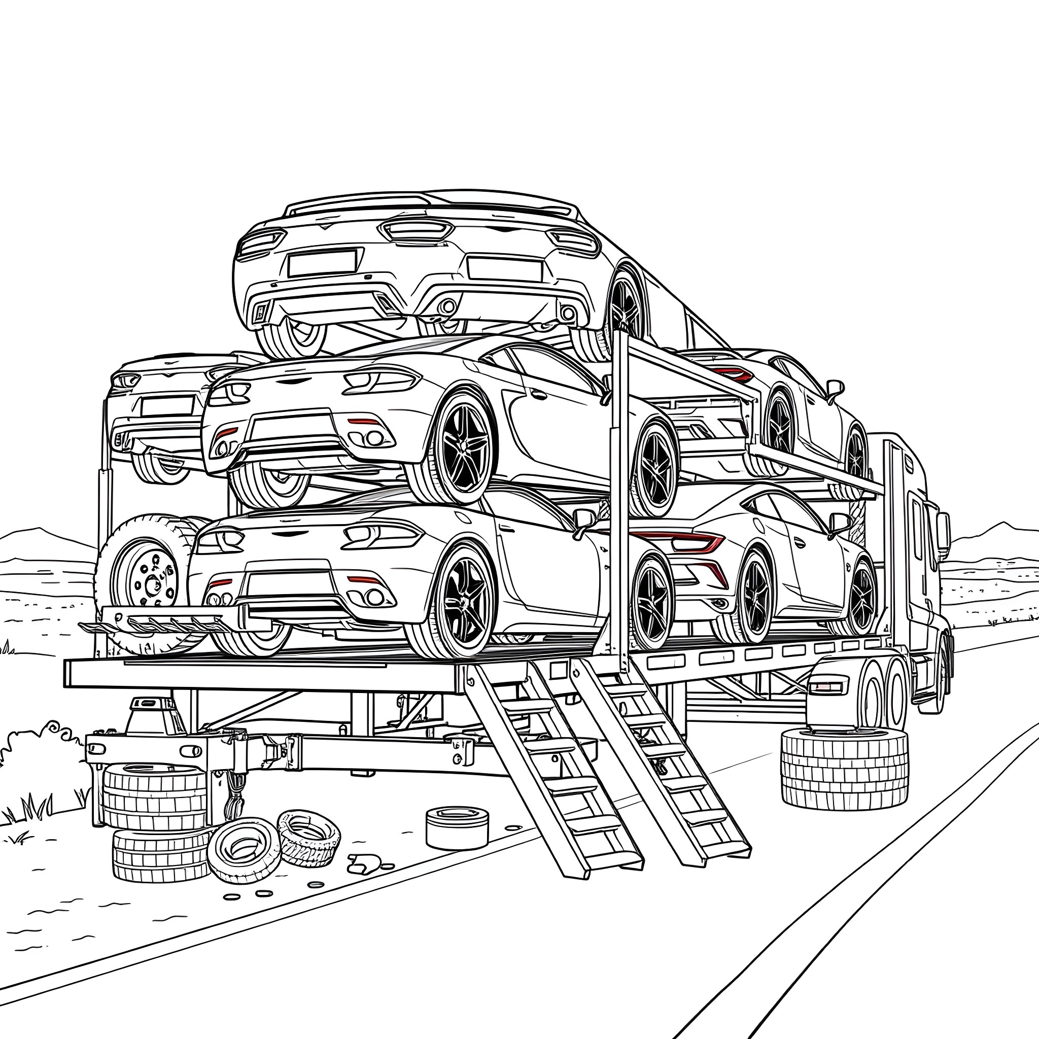 Car Hauler Transporting Various Vehicles on the Road Coloring Page (free black-and-white line drawing printable PDF for all, from beginners to advanced learners, including children, teens, adults, and seniors)