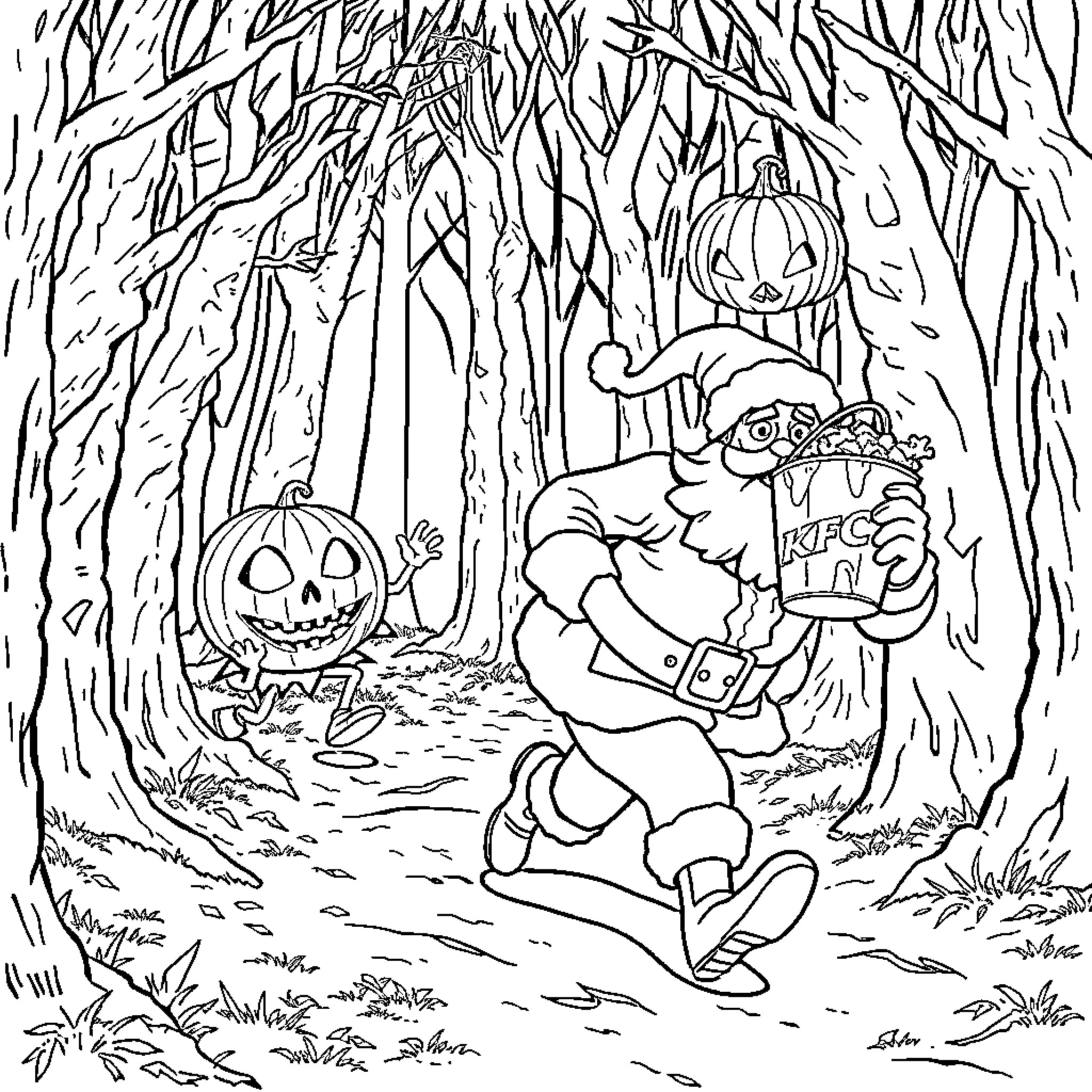 Santa Claus Collecting Gifts in Spooky Forest Coloring Page (free black-and-white line drawing printable PDF for all, from beginners to advanced learners, including children, teens, adults, and seniors)