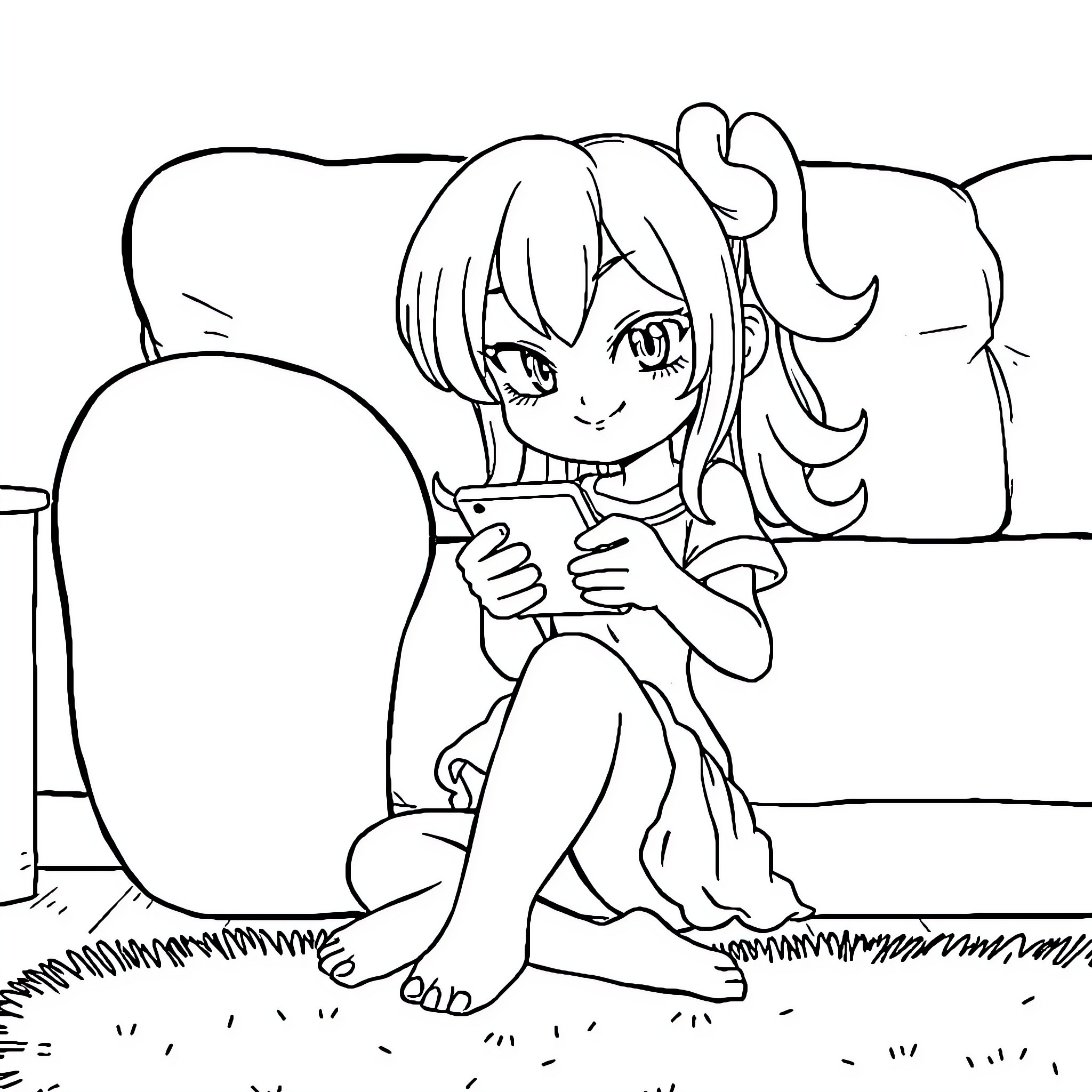 Kuromi playing with a smartphone in the outdoors Coloring Page (free black-and-white line drawing printable PDF for all, from beginners to advanced learners, including children, teens, adults, and seniors)