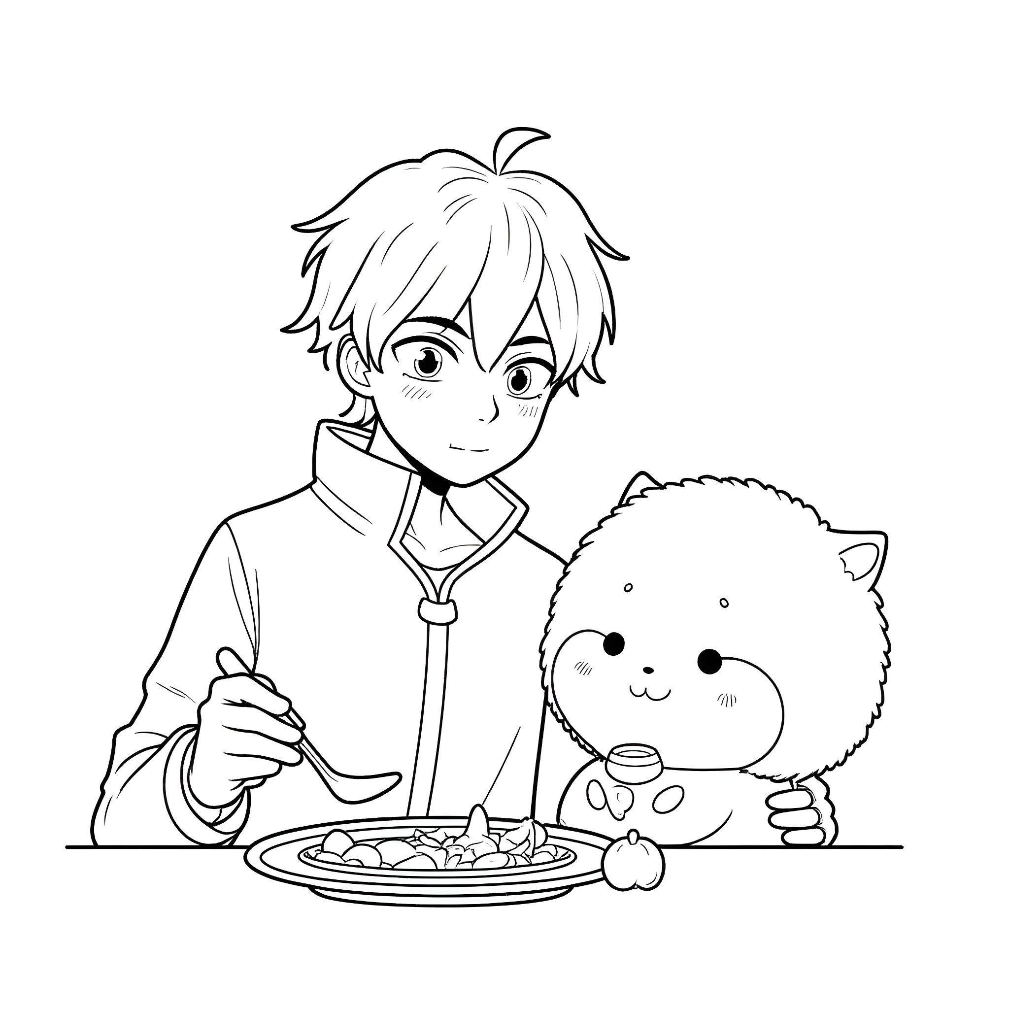 Kurogane enjoying a meal with a fluffy companion Coloring Page (free black-and-white line drawing printable PDF for all, from beginners to advanced learners, including children, teens, adults, and seniors)