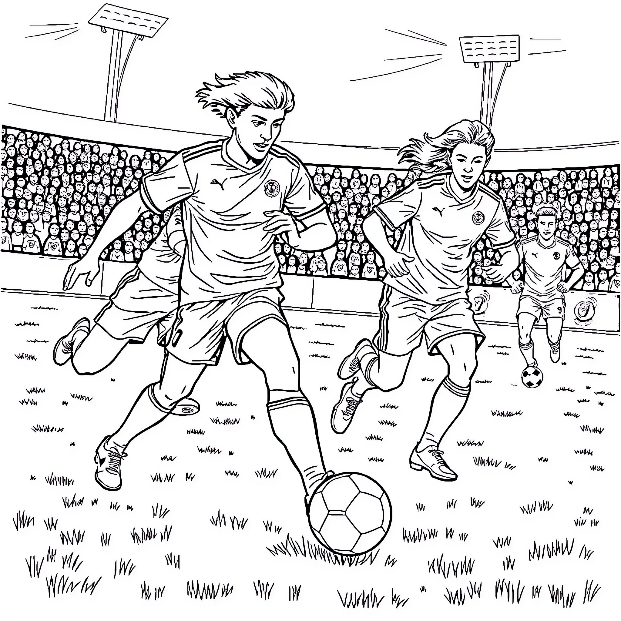 Football players in intense match on field Coloring Page (free black-and-white line drawing printable PDF for all, from beginners to advanced learners, including children, teens, adults, and seniors)