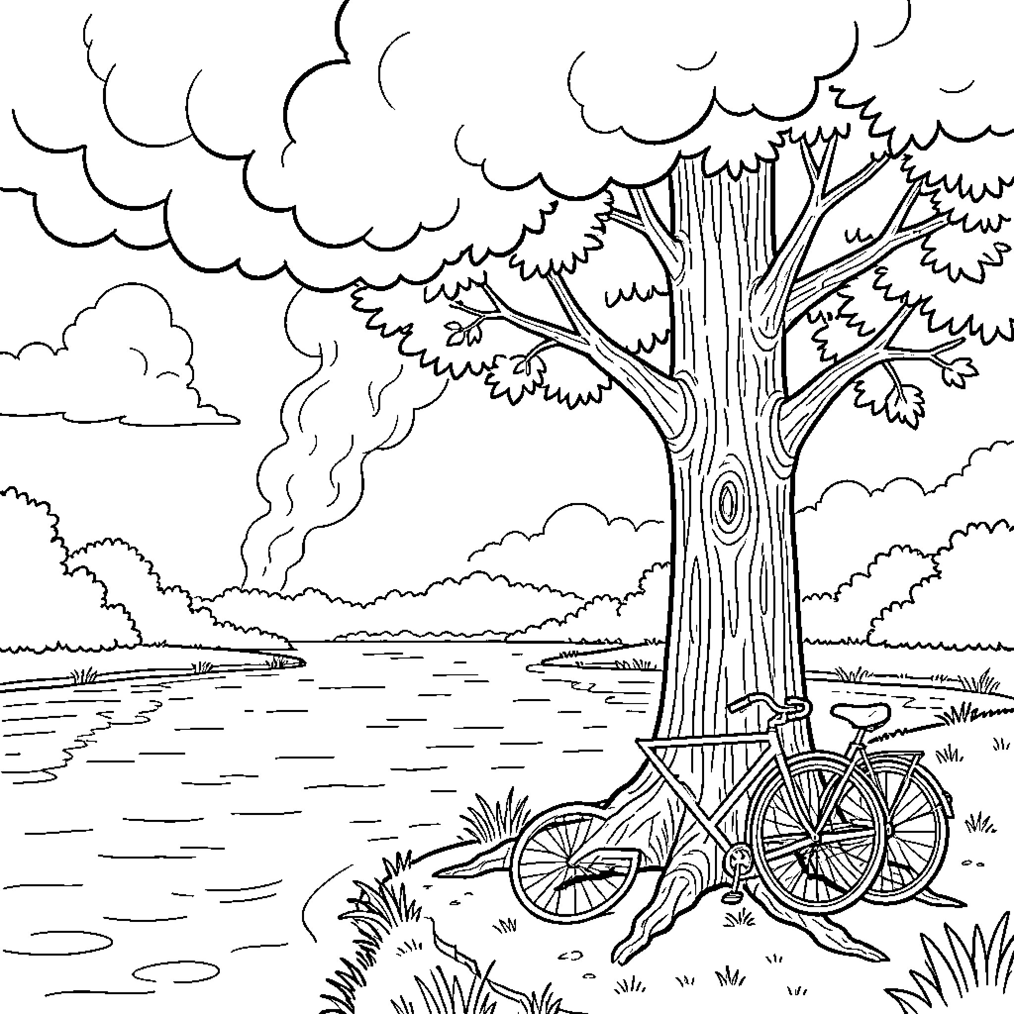 Earth's natural beauty with a bicycle Coloring Page (free black-and-white line drawing printable PDF for all, from beginners to advanced learners, including children, teens, adults, and seniors)