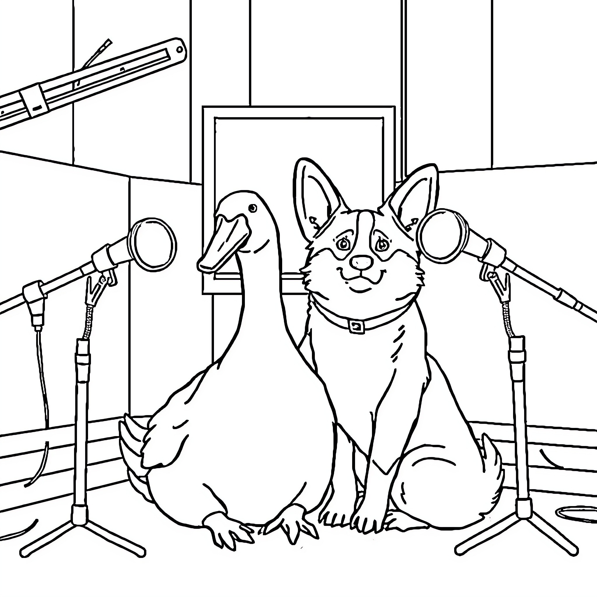 Goose performing on stage with microphones Coloring Page (free black-and-white line drawing printable PDF for all, from beginners to advanced learners, including children, teens, adults, and seniors)