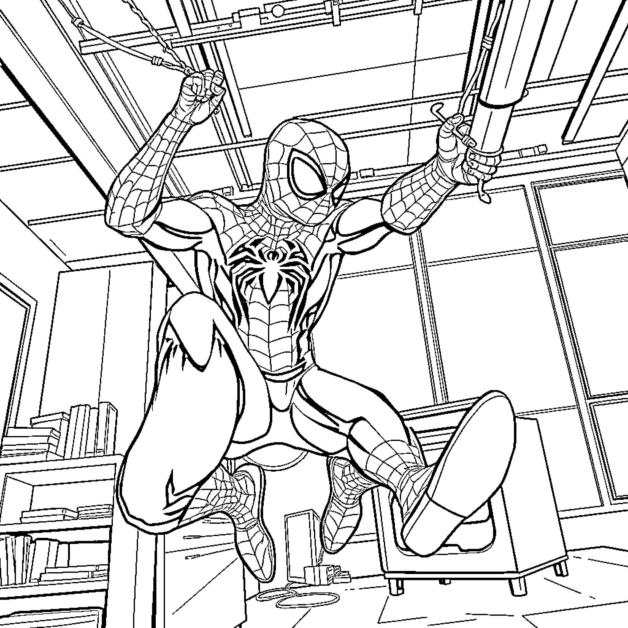 Spider-Man swinging through city in heroic pose Coloring Page (free black-and-white line drawing printable PDF for all, from beginners to advanced learners, including children, teens, adults, and seniors)