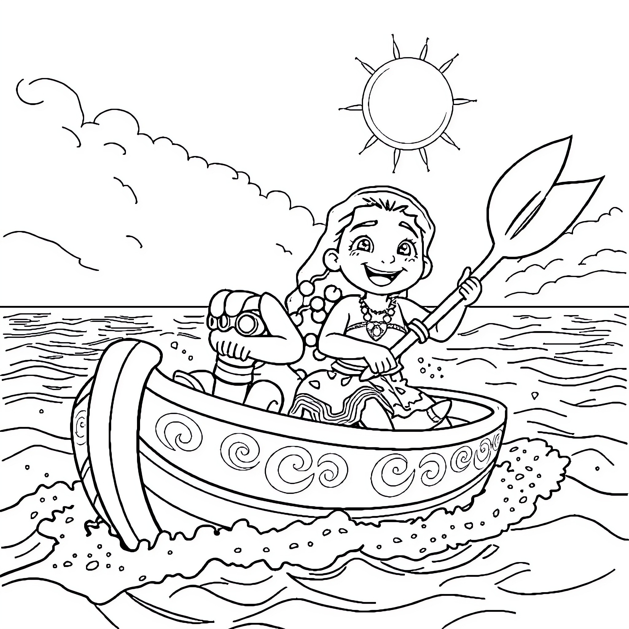Boy sailing a boat on the ocean Coloring Page (free black-and-white line drawing printable PDF for all, from beginners to advanced learners, including children, teens, adults, and seniors)
