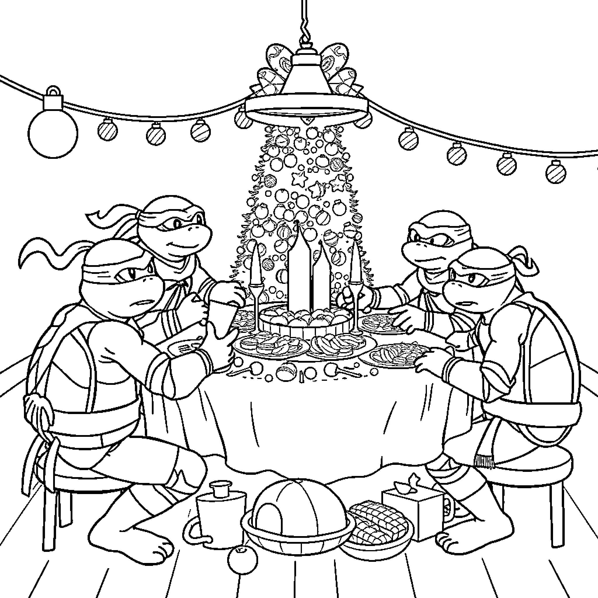 Ninja Turtles Celebrating a Special Occasion Coloring Page (free black-and-white line drawing printable PDF for all, from beginners to advanced learners, including children, teens, adults, and seniors)