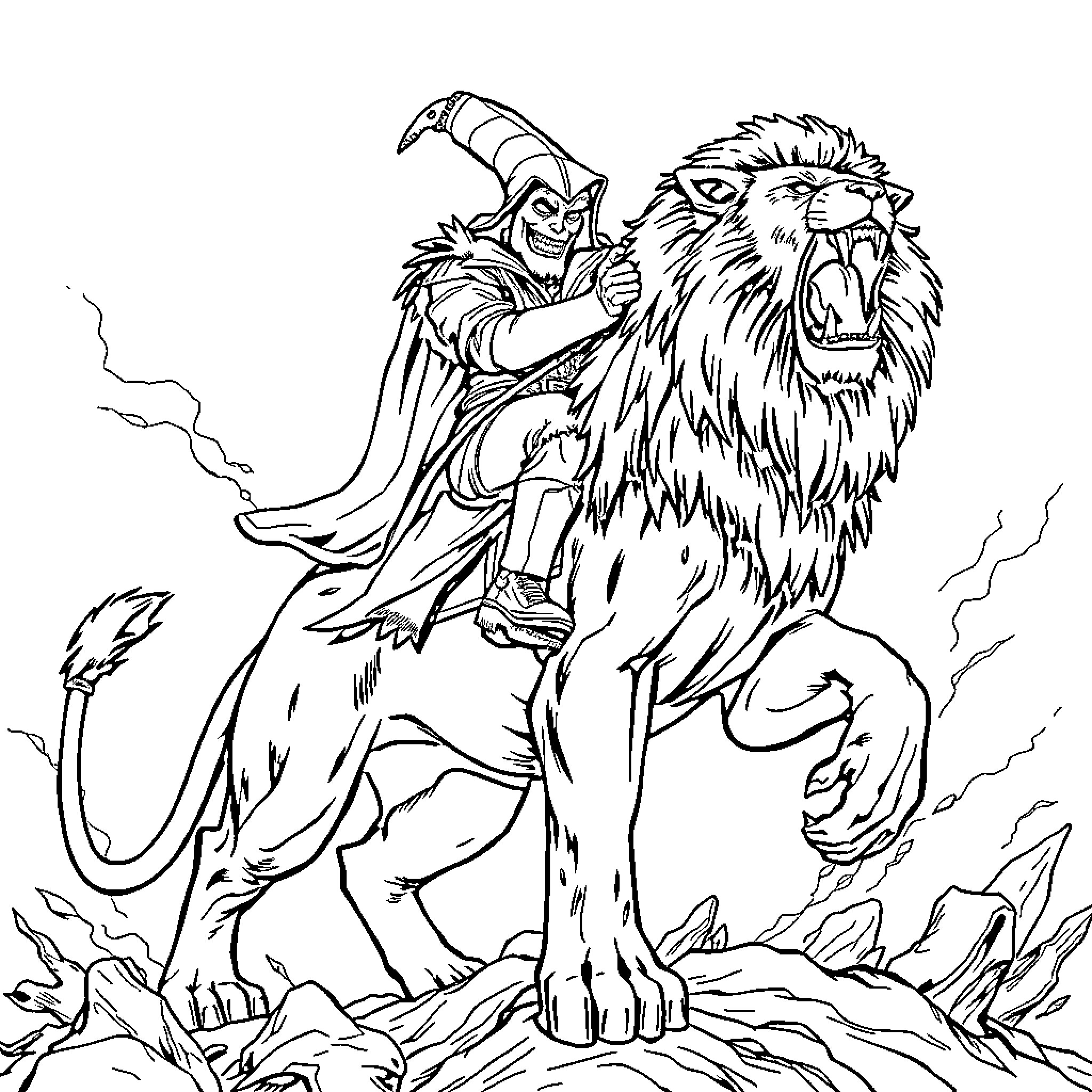 Snak Tamer confronting the ferocious lion Coloring Page (free black-and-white line drawing printable PDF for all, from beginners to advanced learners, including children, teens, adults, and seniors)