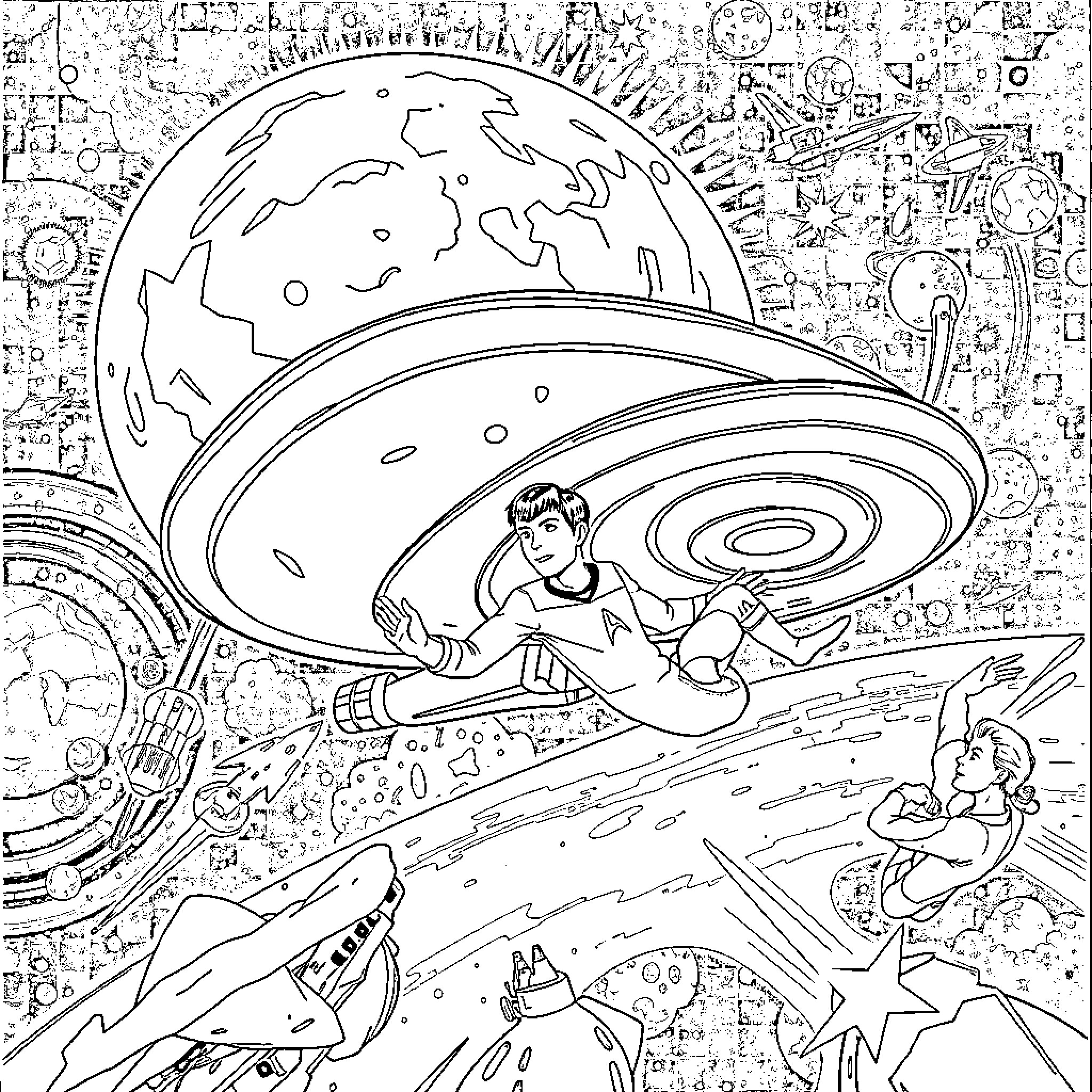 Star Trek: Exploration and Adventure in the Cosmos Coloring Page (free black-and-white line drawing printable PDF for all, from beginners to advanced learners, including children, teens, adults, and seniors)