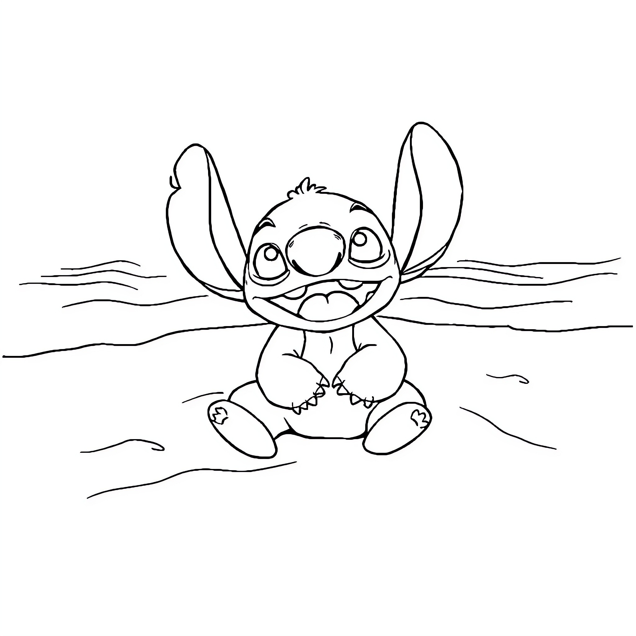 Stitch sitting happily on a beach Coloring Page (free black-and-white line drawing printable PDF for all, from beginners to advanced learners, including children, teens, adults, and seniors)