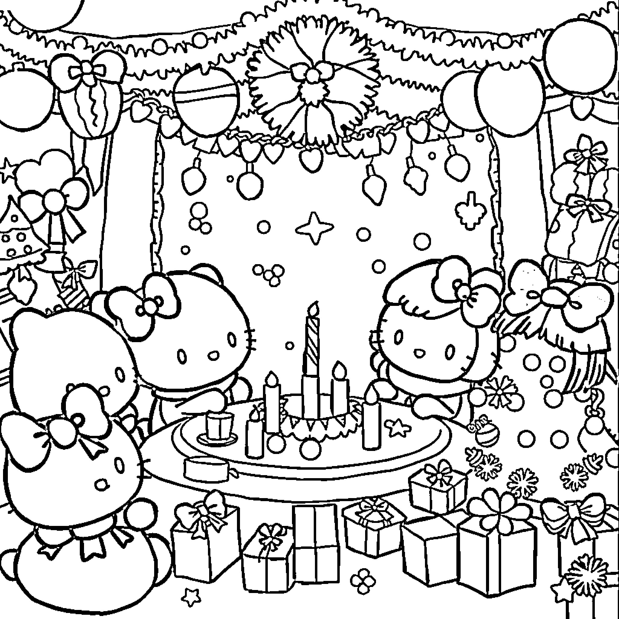 Sanrio characters celebrating a festive birthday party Coloring Page (free black-and-white line drawing printable PDF for all, from beginners to advanced learners, including children, teens, adults, and seniors)