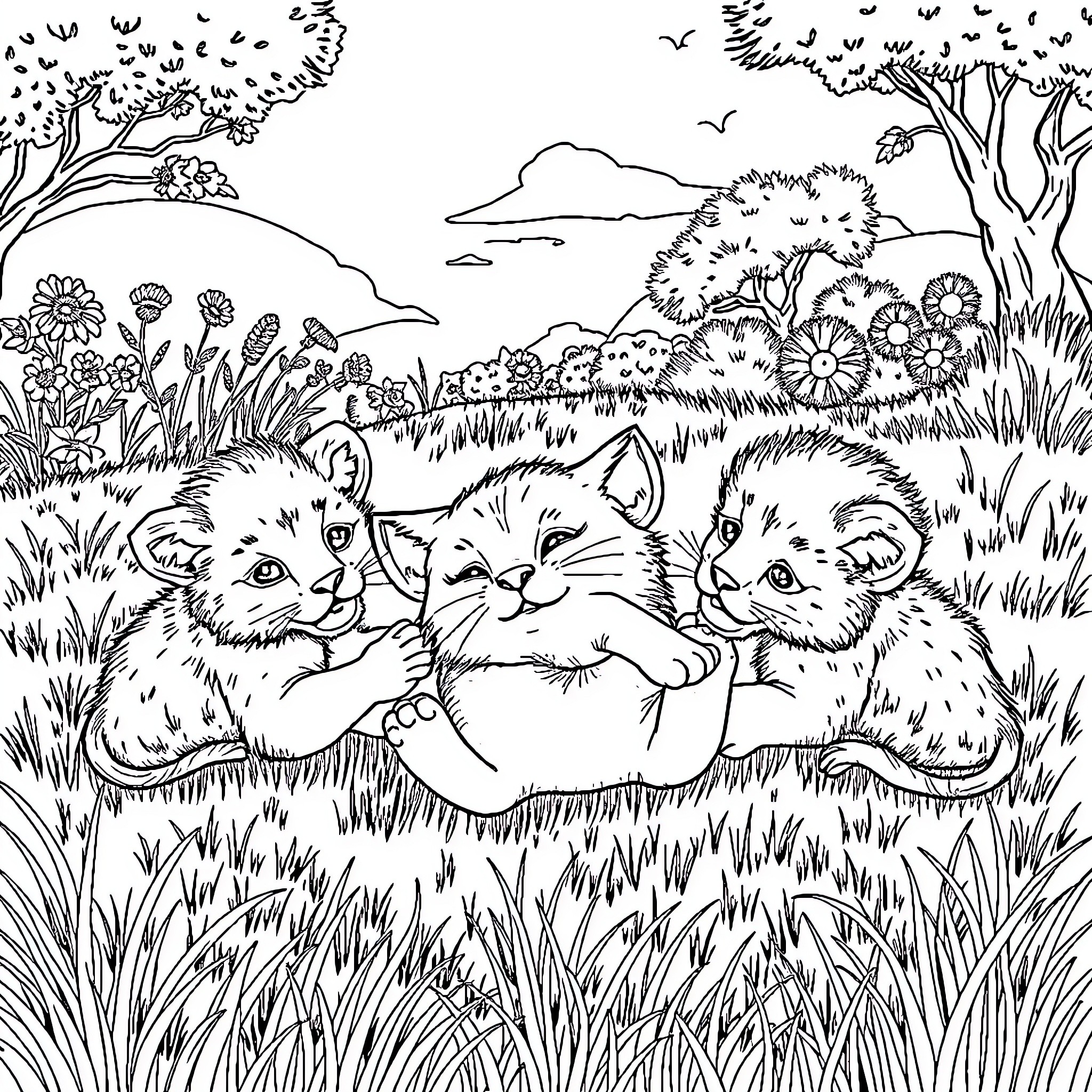 Cats playing in a serene natural landscape Coloring Page (free black-and-white line drawing printable PDF for all, from beginners to advanced learners, including children, teens, adults, and seniors)