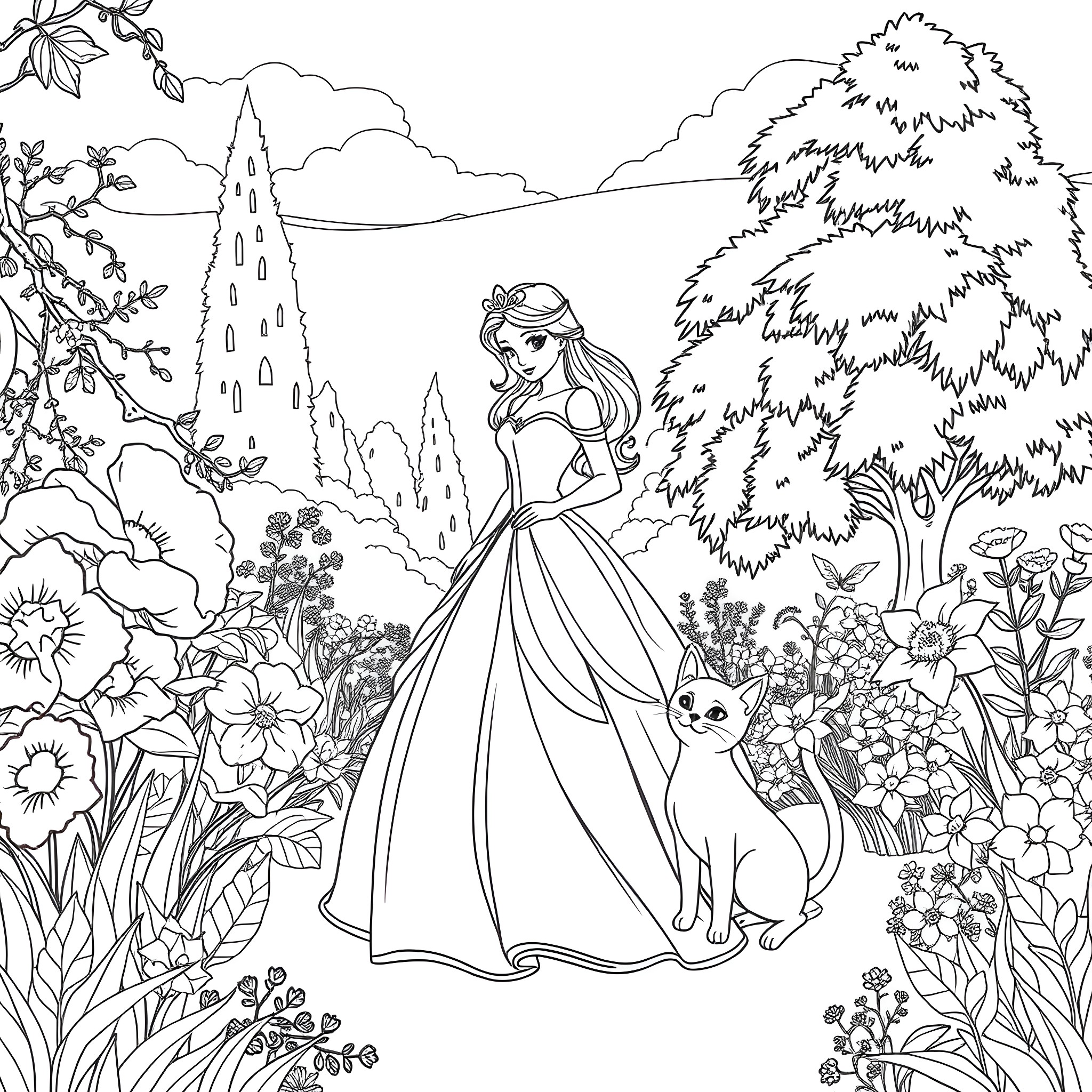 Princess in a Floral Fairytale Garden Coloring Page (free black-and-white line drawing printable PDF for all, from beginners to advanced learners, including children, teens, adults, and seniors)