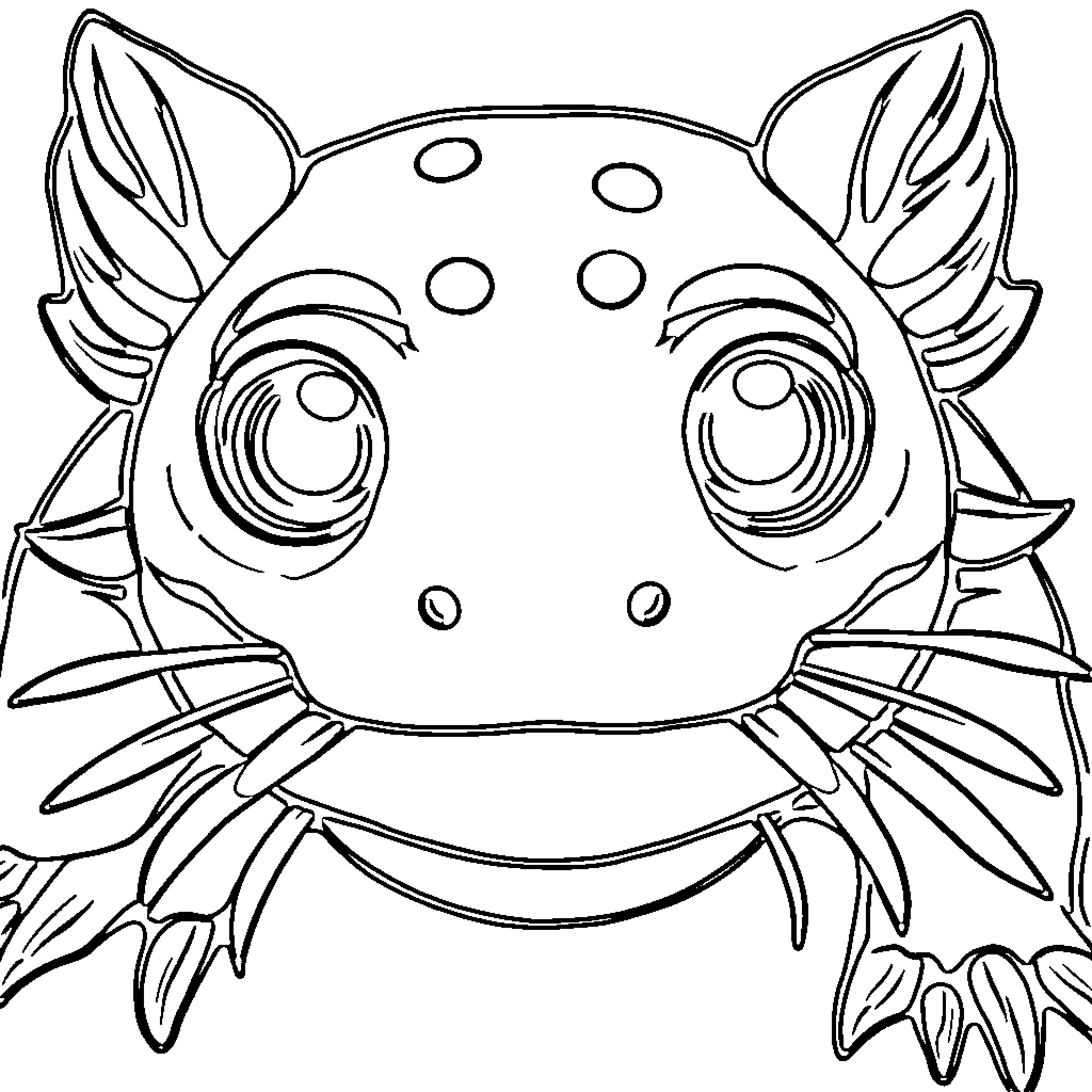 Axolotl with large eyes and fins Coloring Page (free black-and-white line drawing printable PDF for all, from beginners to advanced learners, including children, teens, adults, and seniors)