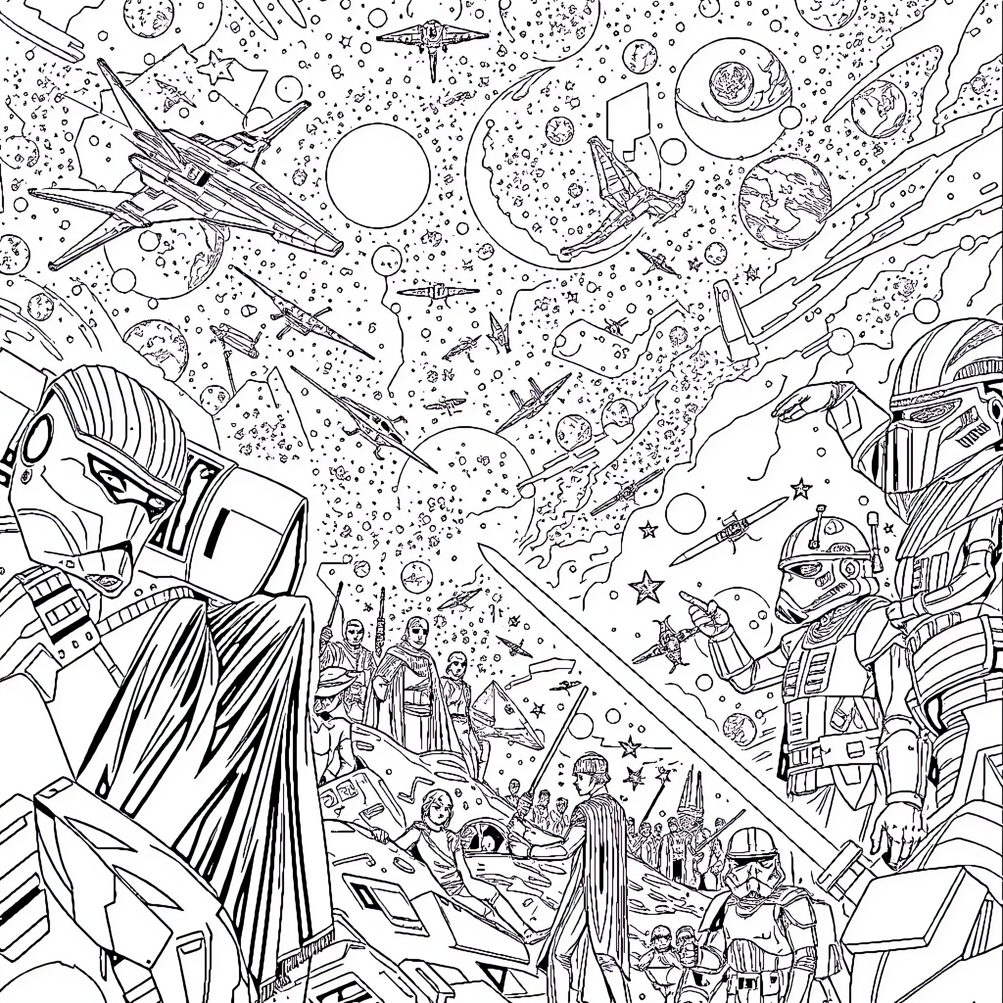 Star Wars Characters and Spacecraft in Cosmic Battle Coloring Page (free black-and-white line drawing printable PDF for all, from beginners to advanced learners, including children, teens, adults, and seniors)