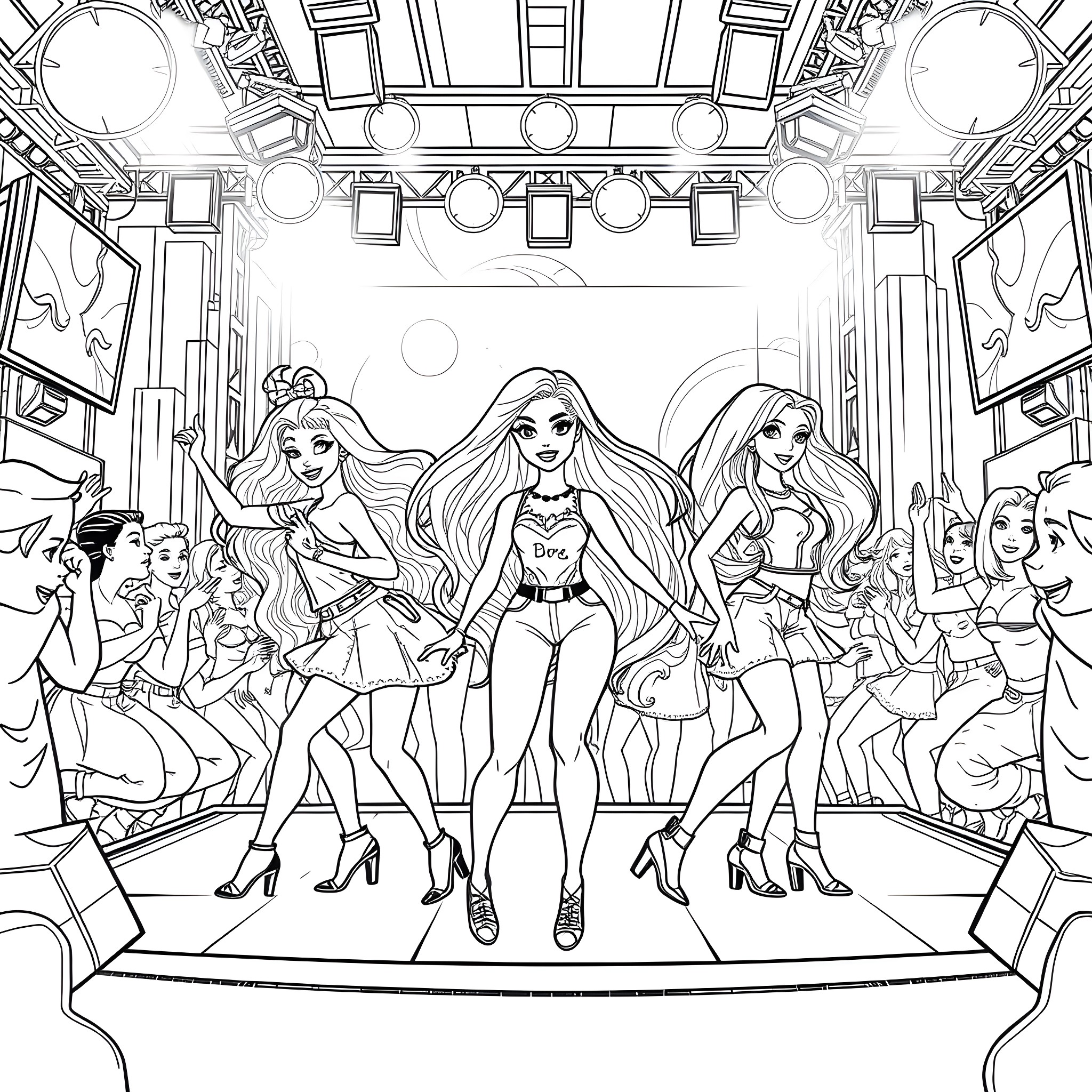Barbie and her fashionable friends on the stage Coloring Page (free black-and-white line drawing printable PDF for all, from beginners to advanced learners, including children, teens, adults, and seniors)