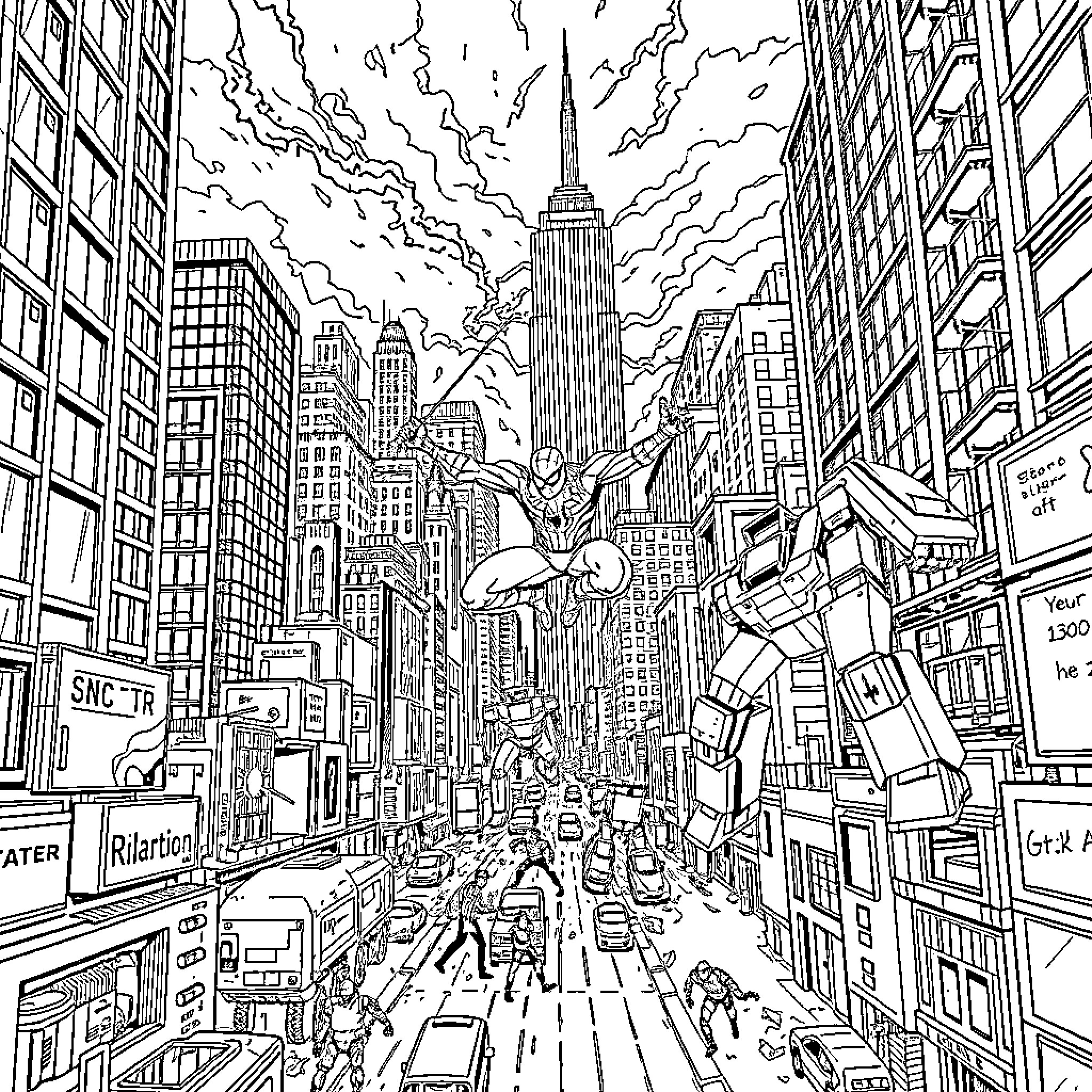 Spiderman swinging through the busy cityscape Coloring Page (free black-and-white line drawing printable PDF for all, from beginners to advanced learners, including children, teens, adults, and seniors)