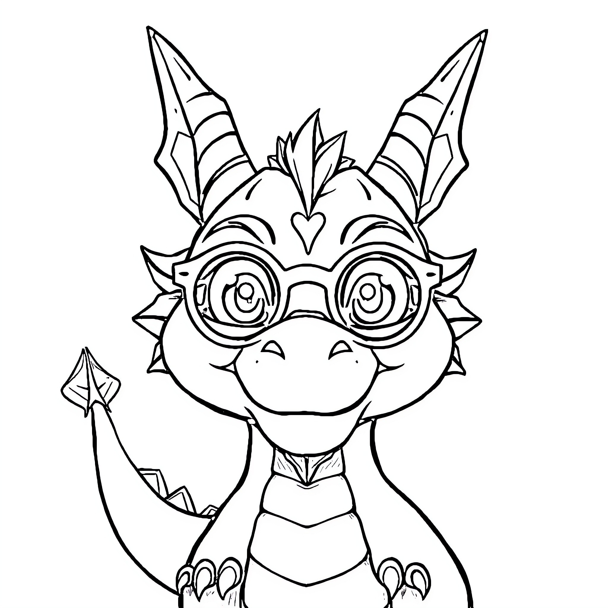 Dragon with Playful Goggles and Spikes Coloring Page (free black-and-white line drawing printable PDF for all, from beginners to advanced learners, including children, teens, adults, and seniors)