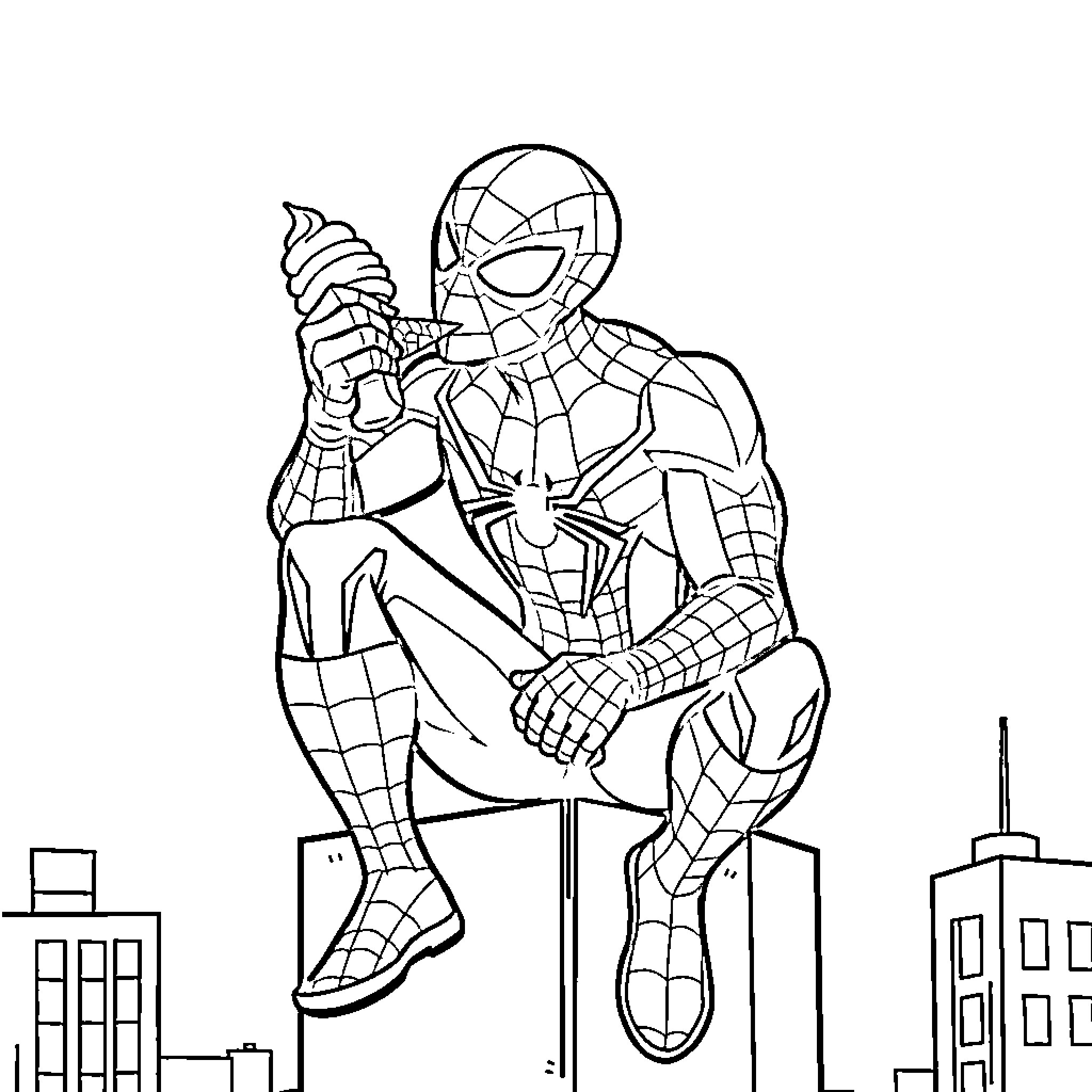 Spider-Man posing with city skyline in the background Coloring Page (free black-and-white line drawing printable PDF for all, from beginners to advanced learners, including children, teens, adults, and seniors)