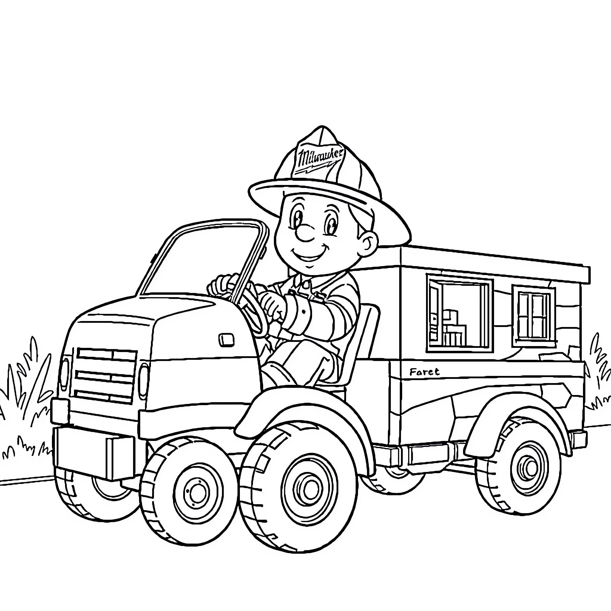 Fireman operating emergency vehicle with rescue trailer Coloring Page (free black-and-white line drawing printable PDF for all, from beginners to advanced learners, including children, teens, adults, and seniors)