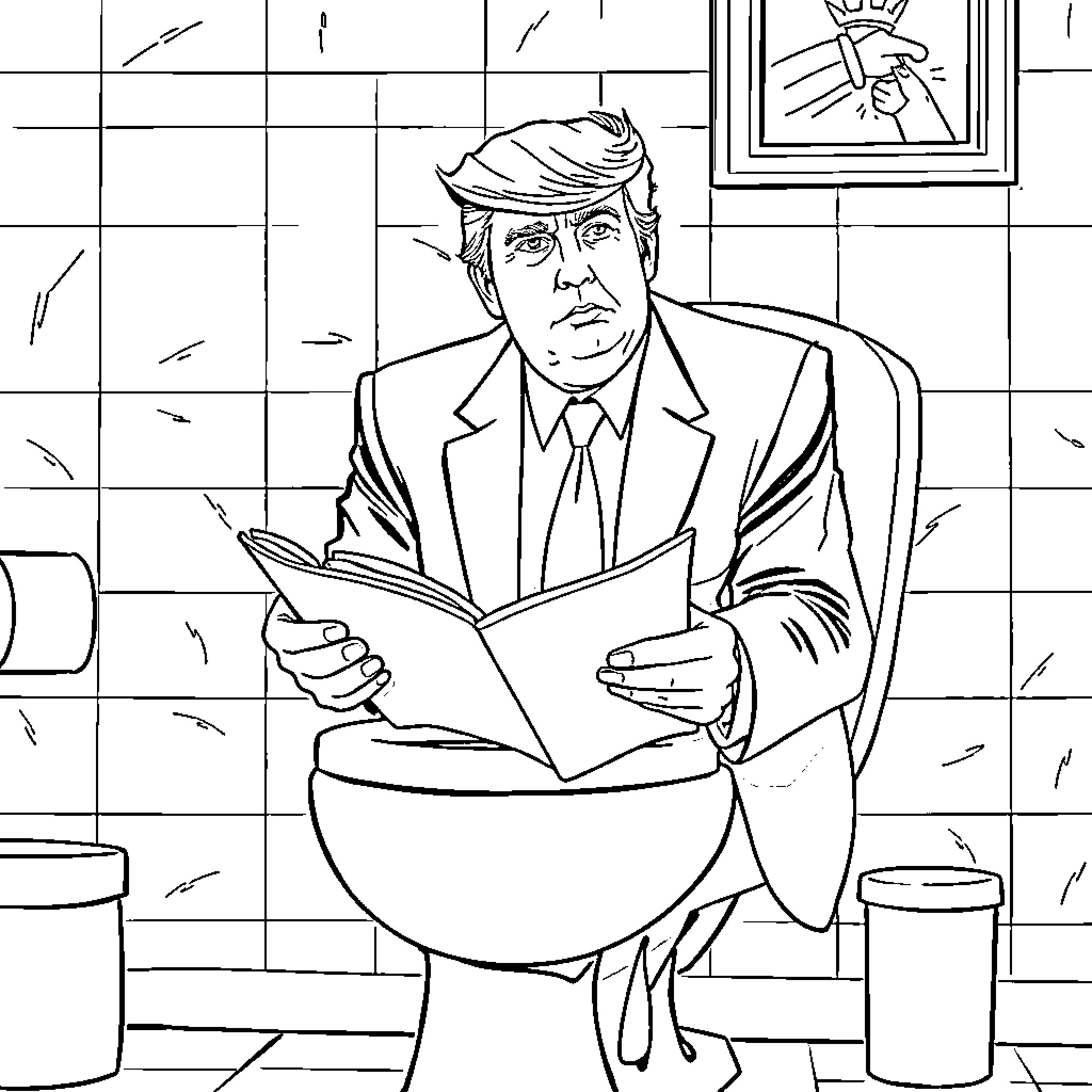 Trump signing important documents in his office Coloring Page (free black-and-white line drawing printable PDF for all, from beginners to advanced learners, including children, teens, adults, and seniors)