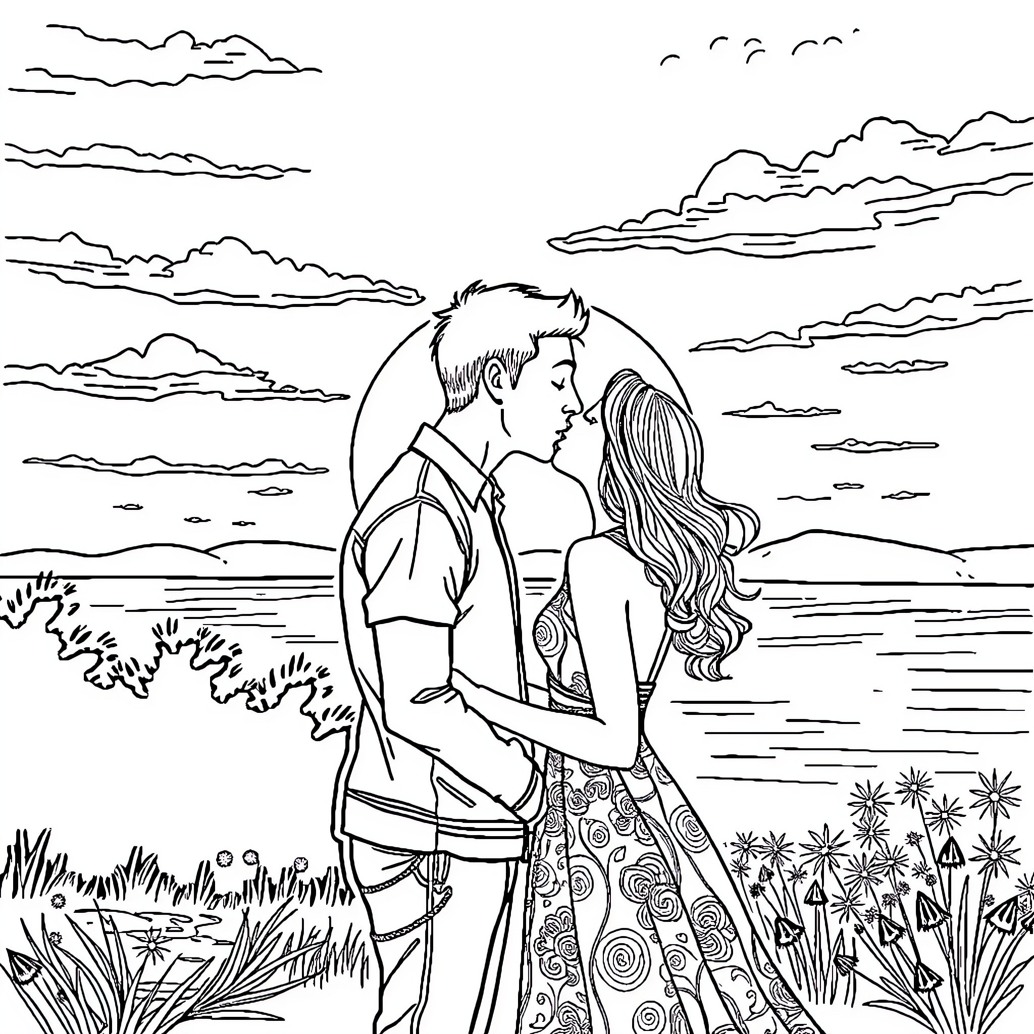 Couple embracing in a scenic landscape Coloring Page (free black-and-white line drawing printable PDF for all, from beginners to advanced learners, including children, teens, adults, and seniors)