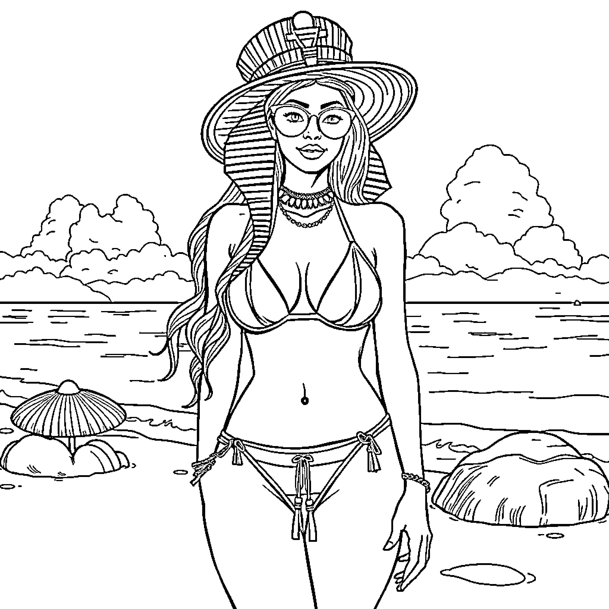 Woman in Vibrant Beach Attire Enjoying the Coastline Coloring Page (free black-and-white line drawing printable PDF for all, from beginners to advanced learners, including children, teens, adults, and seniors)