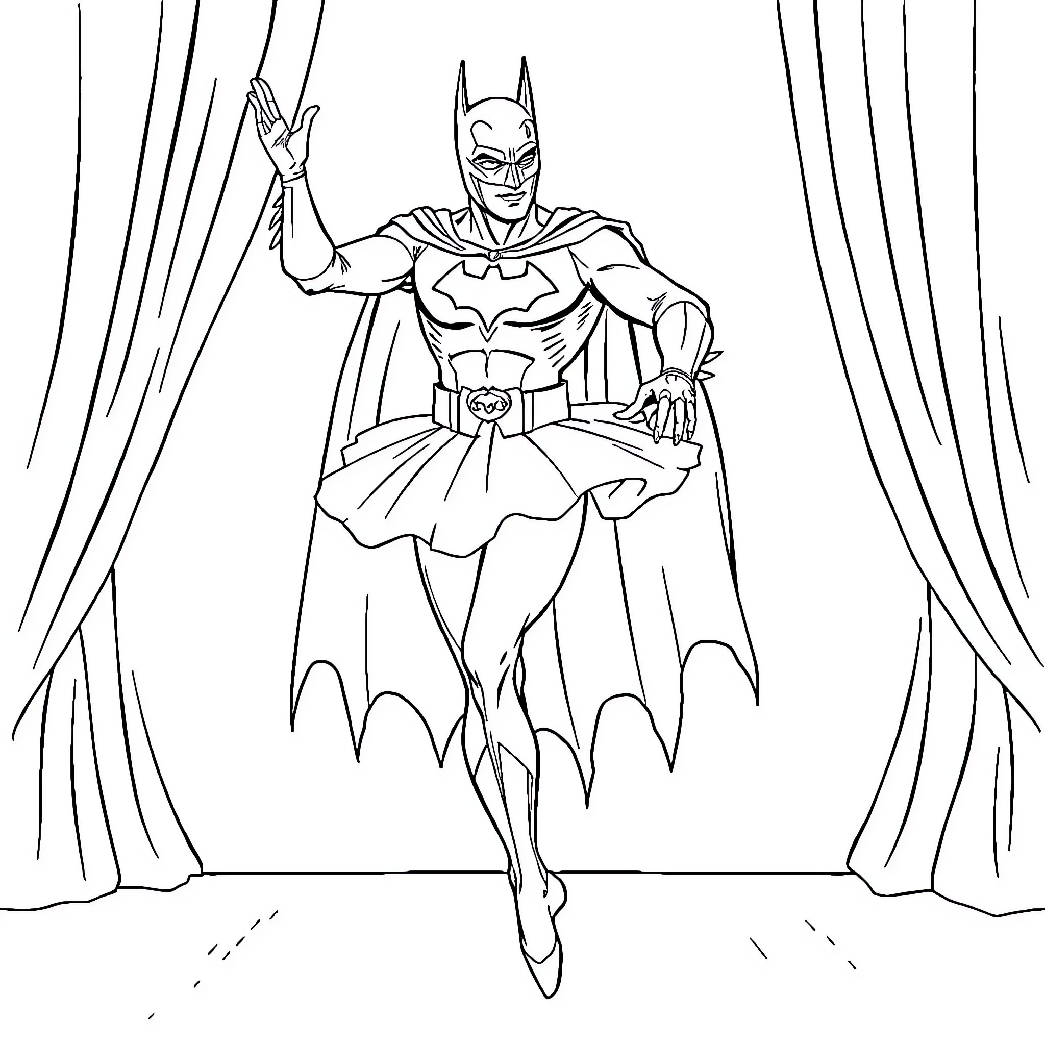 Batman striking a dramatic pose in the spotlight Coloring Page (free black-and-white line drawing printable PDF for all, from beginners to advanced learners, including children, teens, adults, and seniors)