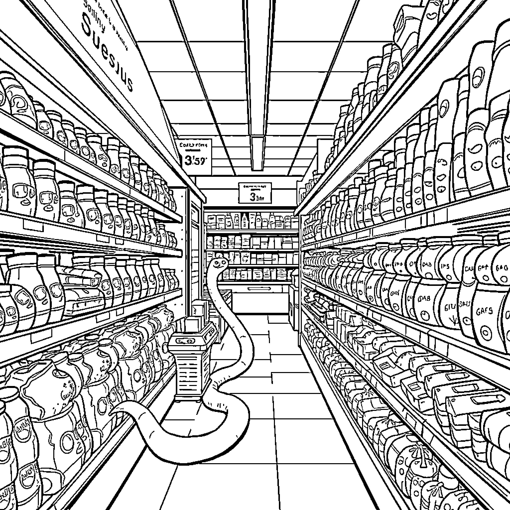 Snake-like creatures in a bustling grocery store aisle Coloring Page (free black-and-white line drawing printable PDF for all, from beginners to advanced learners, including children, teens, adults, and seniors)