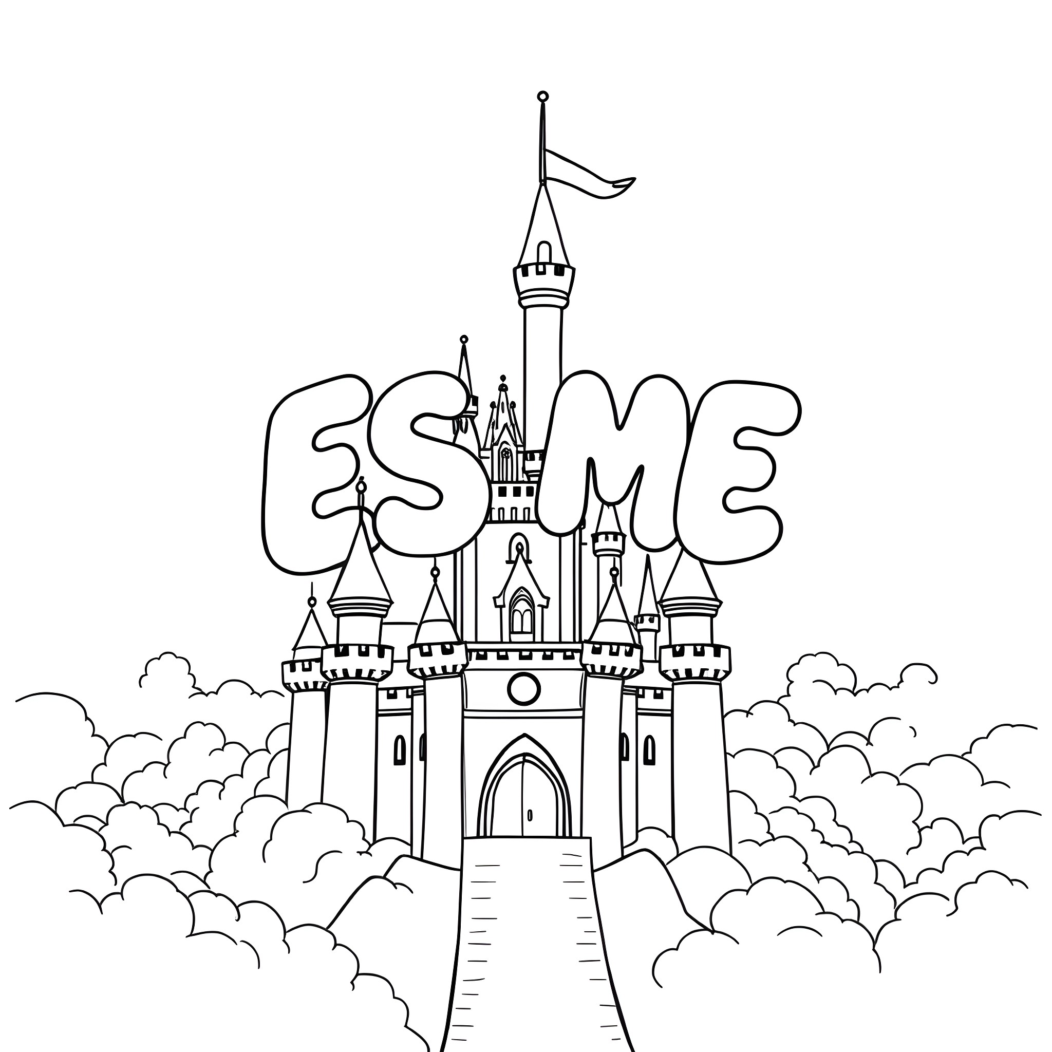 Castle with an Enchanting Fairytale Scene Coloring Page (free black-and-white line drawing printable PDF for all, from beginners to advanced learners, including children, teens, adults, and seniors)
