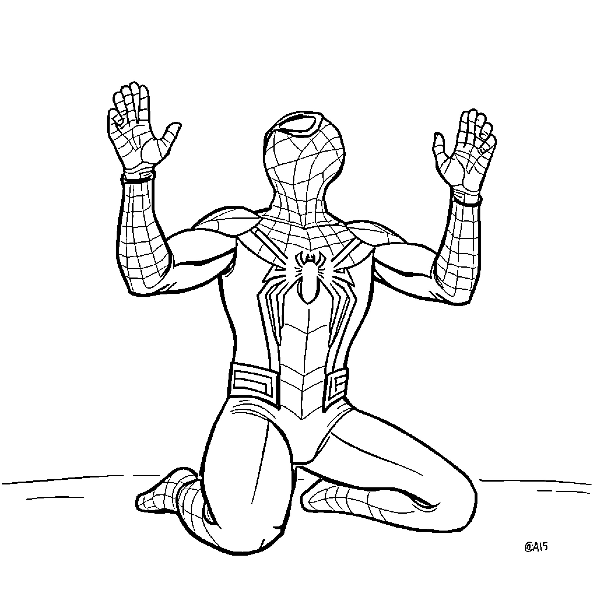 Spider-Man striking heroic pose in action Coloring Page (free black-and-white line drawing printable PDF for all, from beginners to advanced learners, including children, teens, adults, and seniors)