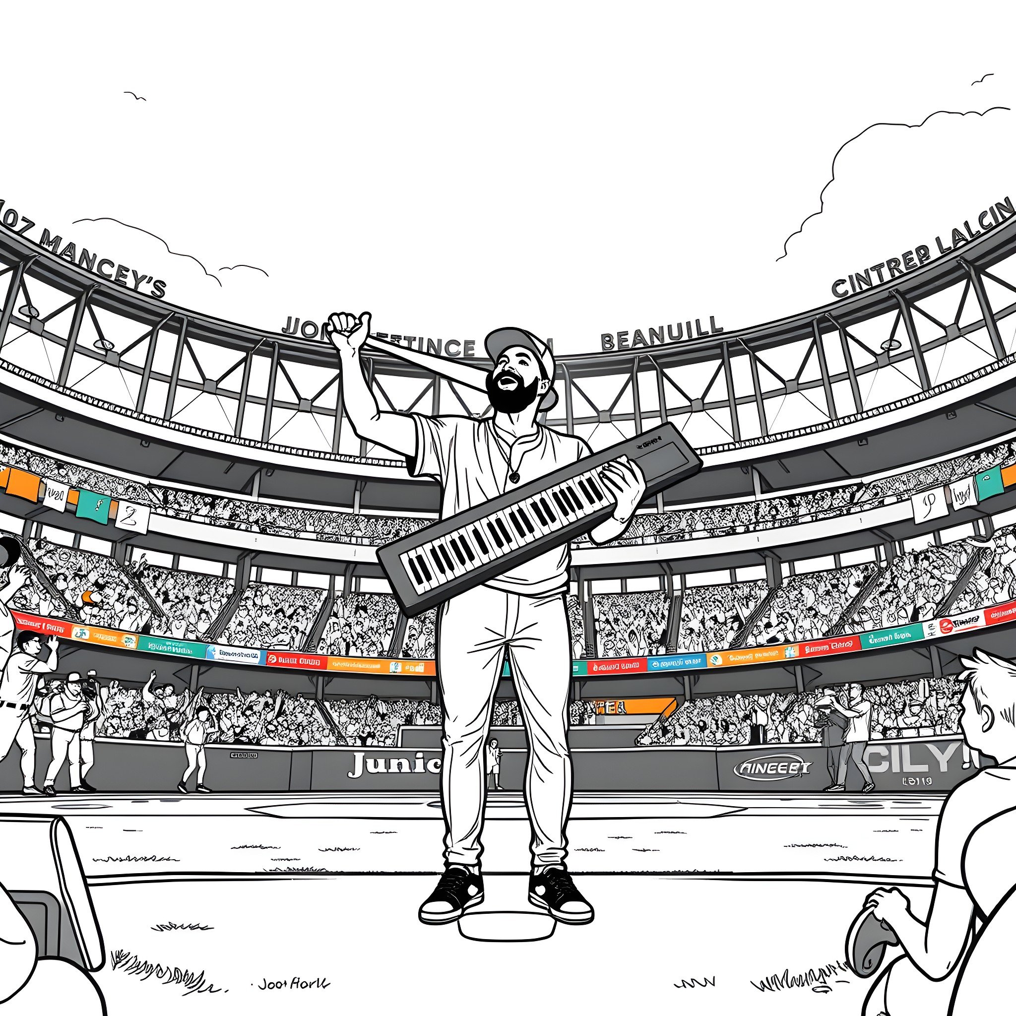 Jon Bellion performing on stage with keyboard Coloring Page (free black-and-white line drawing printable PDF for all, from beginners to advanced learners, including children, teens, adults, and seniors)