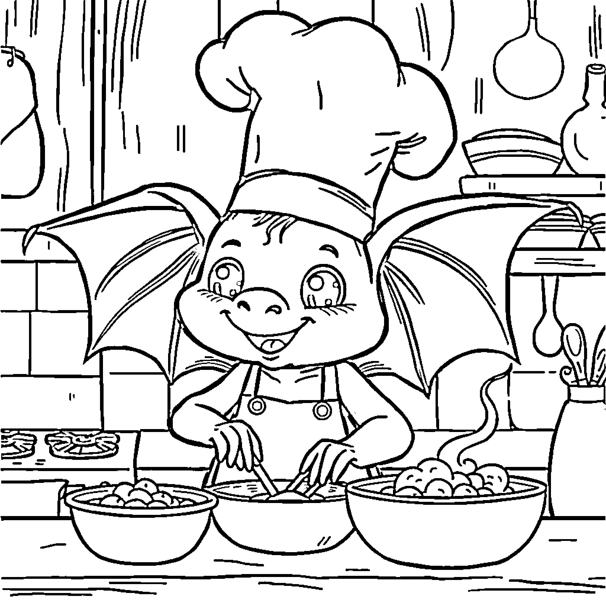 Bat chef preparing delicious meals in kitchen Coloring Page (free black-and-white line drawing printable PDF for all, from beginners to advanced learners, including children, teens, adults, and seniors)