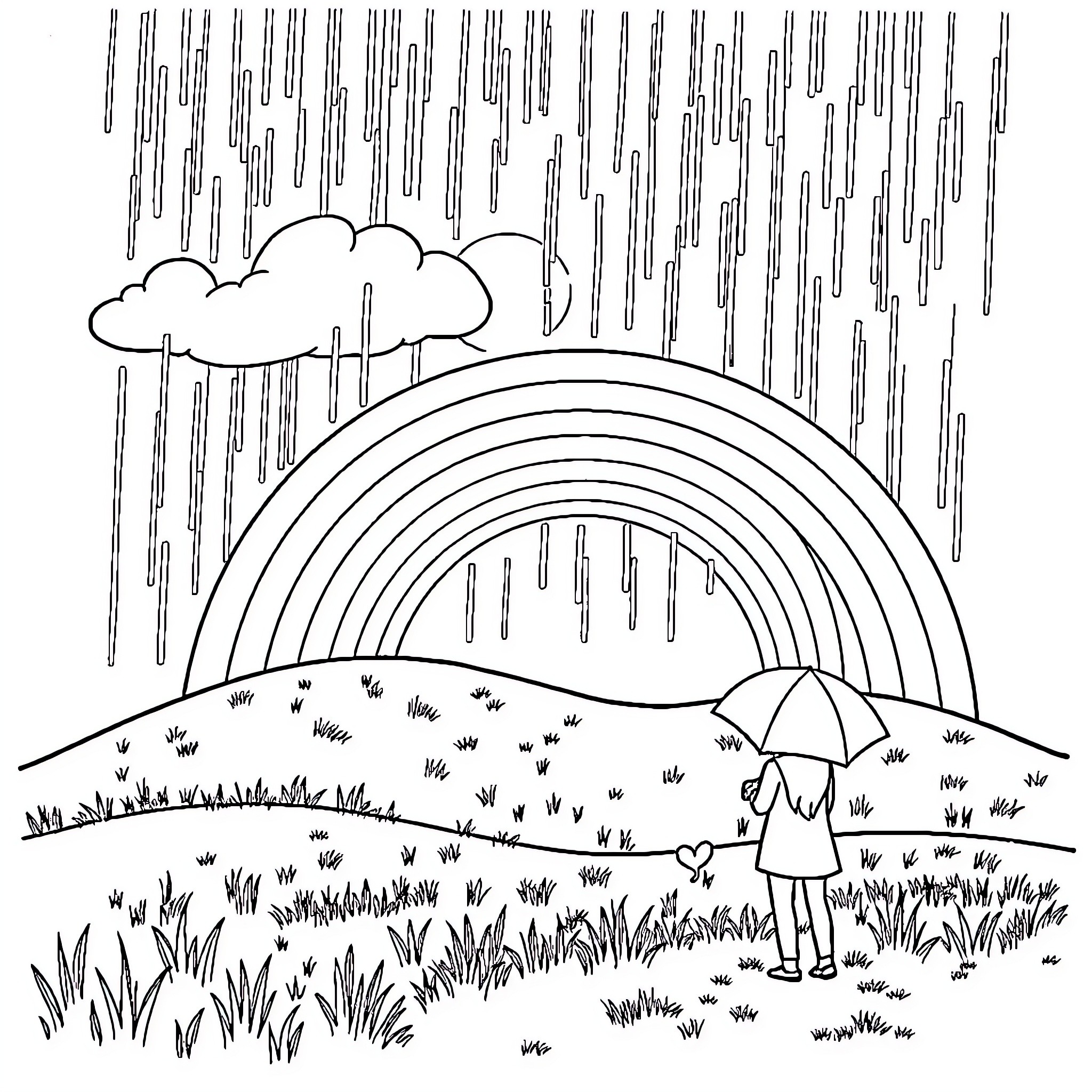 Umbrella amidst rain and rainbow landscape Coloring Page (free black-and-white line drawing printable PDF for all, from beginners to advanced learners, including children, teens, adults, and seniors)