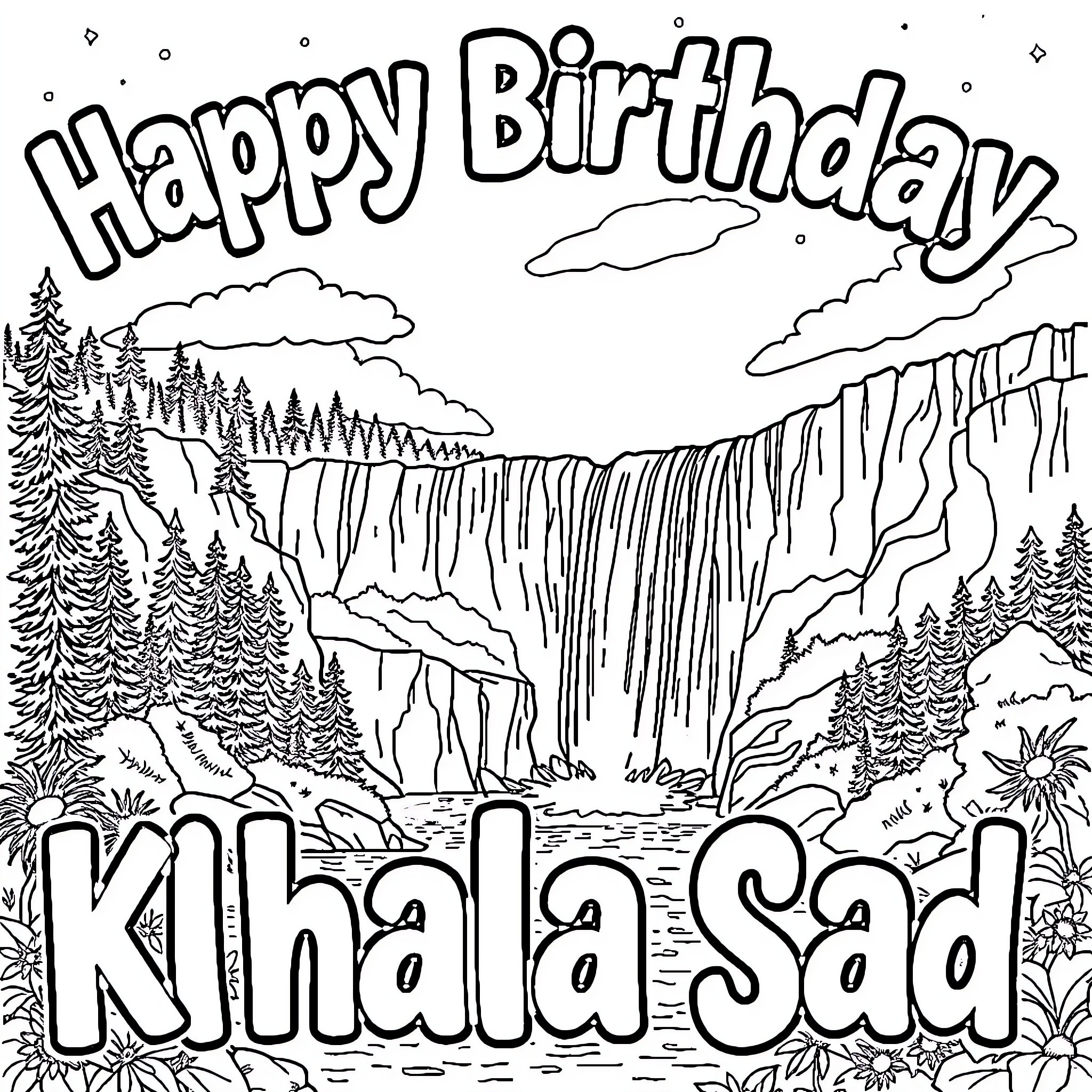 Birthday Celebration in Nature's Embrace Coloring Page (free black-and-white line drawing printable PDF for all, from beginners to advanced learners, including children, teens, adults, and seniors)