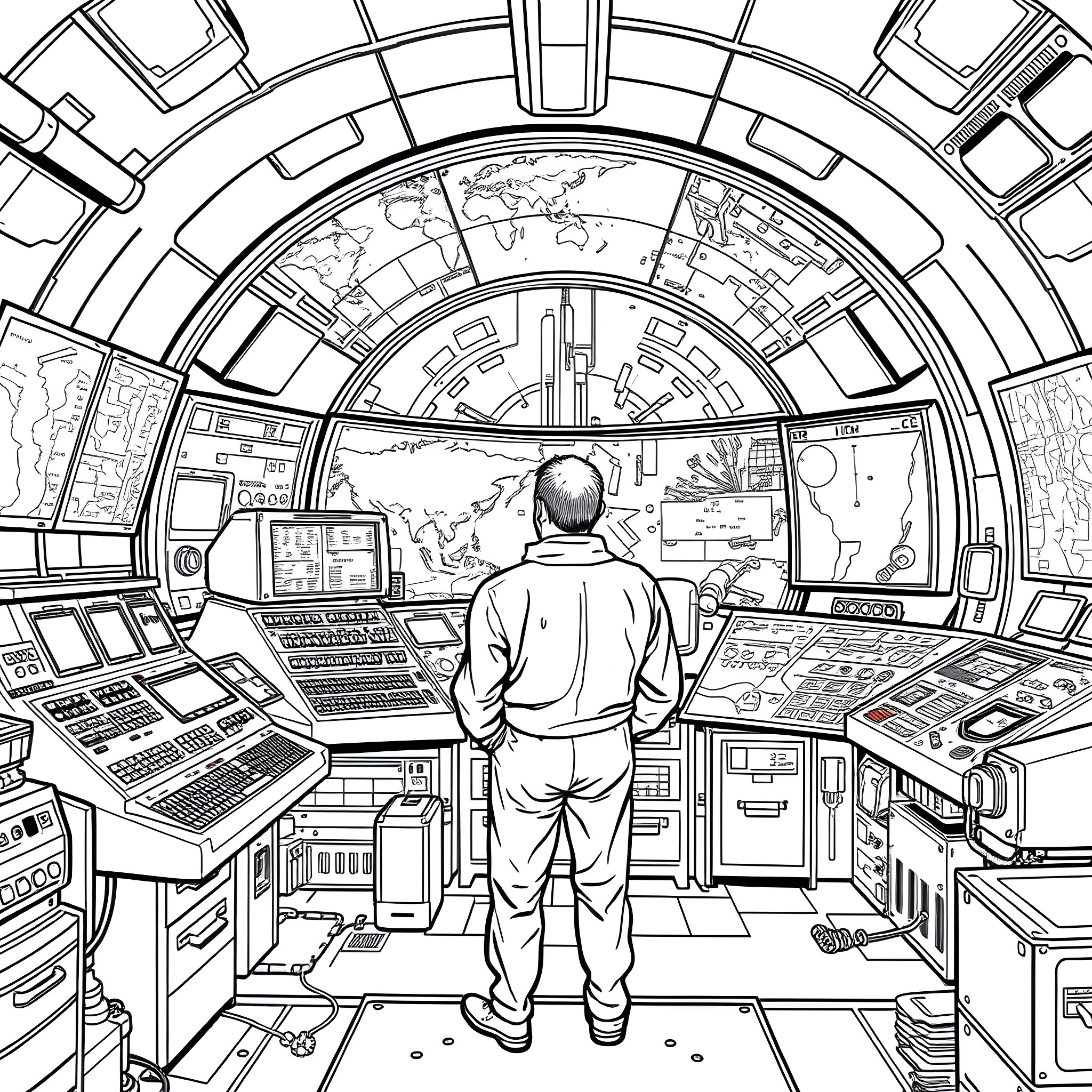 Missile Silo Command Center Control Room Coloring Page (free black-and-white line drawing printable PDF for all, from beginners to advanced learners, including children, teens, adults, and seniors)
