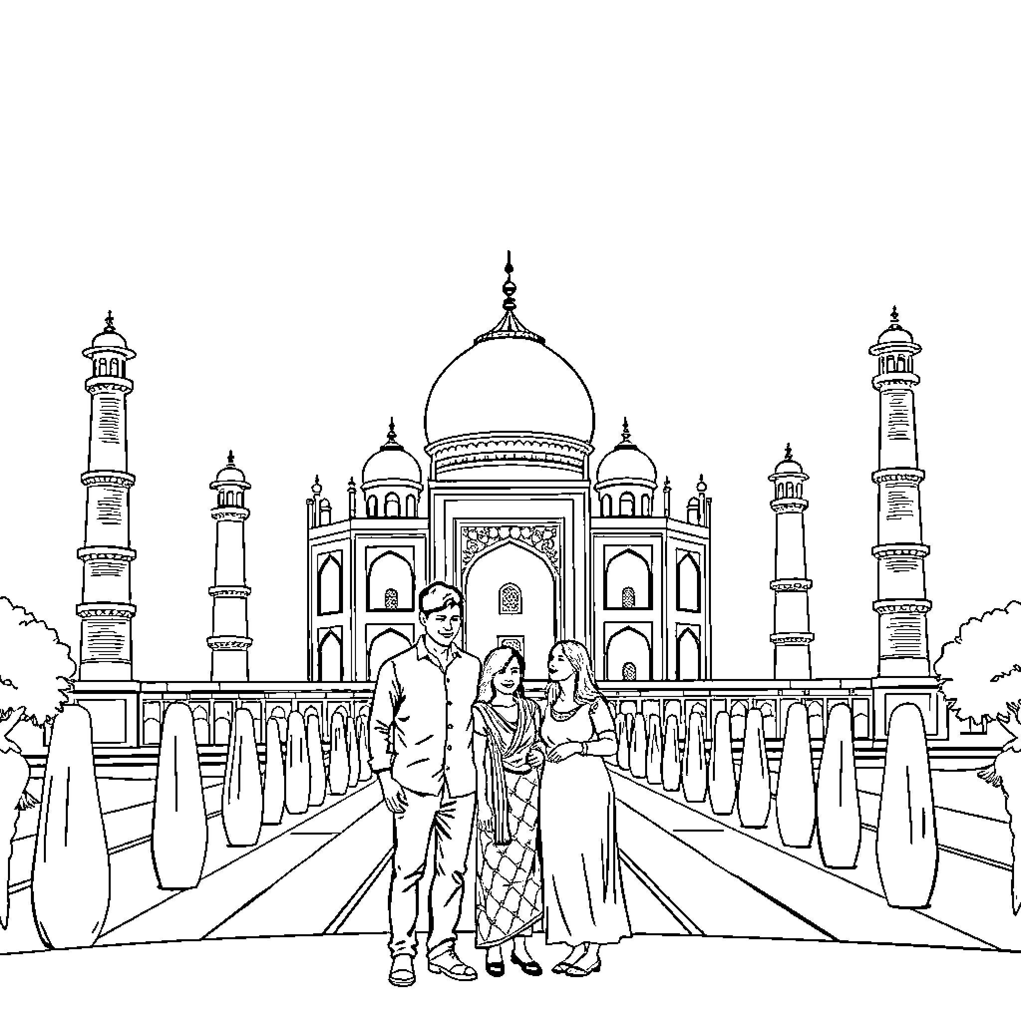 Family visiting majestic Taj Mahal monument Coloring Page (free black-and-white line drawing printable PDF for all, from beginners to advanced learners, including children, teens, adults, and seniors)