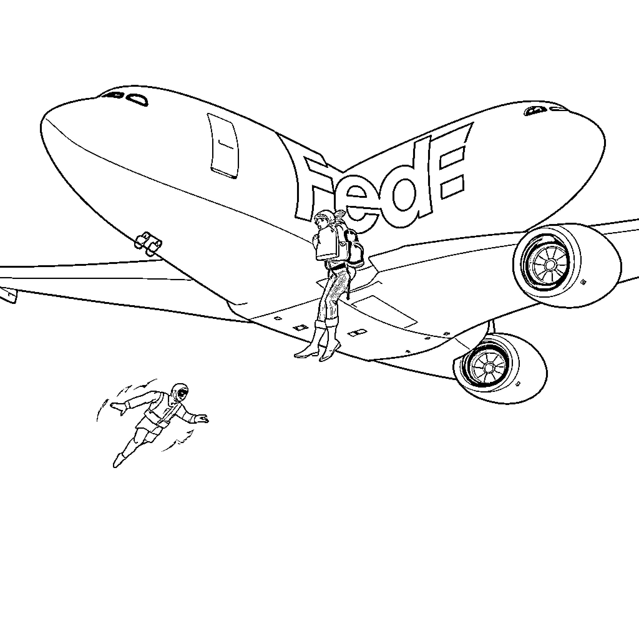 Parachute skydiving scene from airplane Coloring Page (free black-and-white line drawing printable PDF for all, from beginners to advanced learners, including children, teens, adults, and seniors)